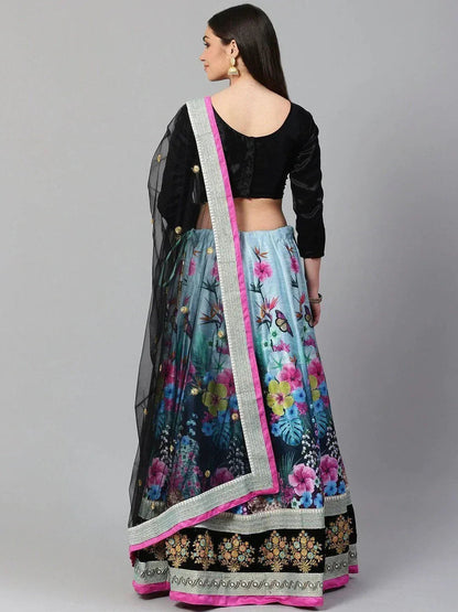 Tulsi Art Blue & Black Solid Semi-Stitched Myntra Lehenga & Unstitched Blouse With Dupatta