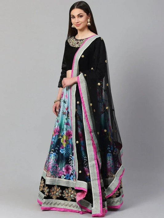 Tulsi Art Blue & Black Solid Semi-Stitched Myntra Lehenga & Unstitched Blouse With Dupatta