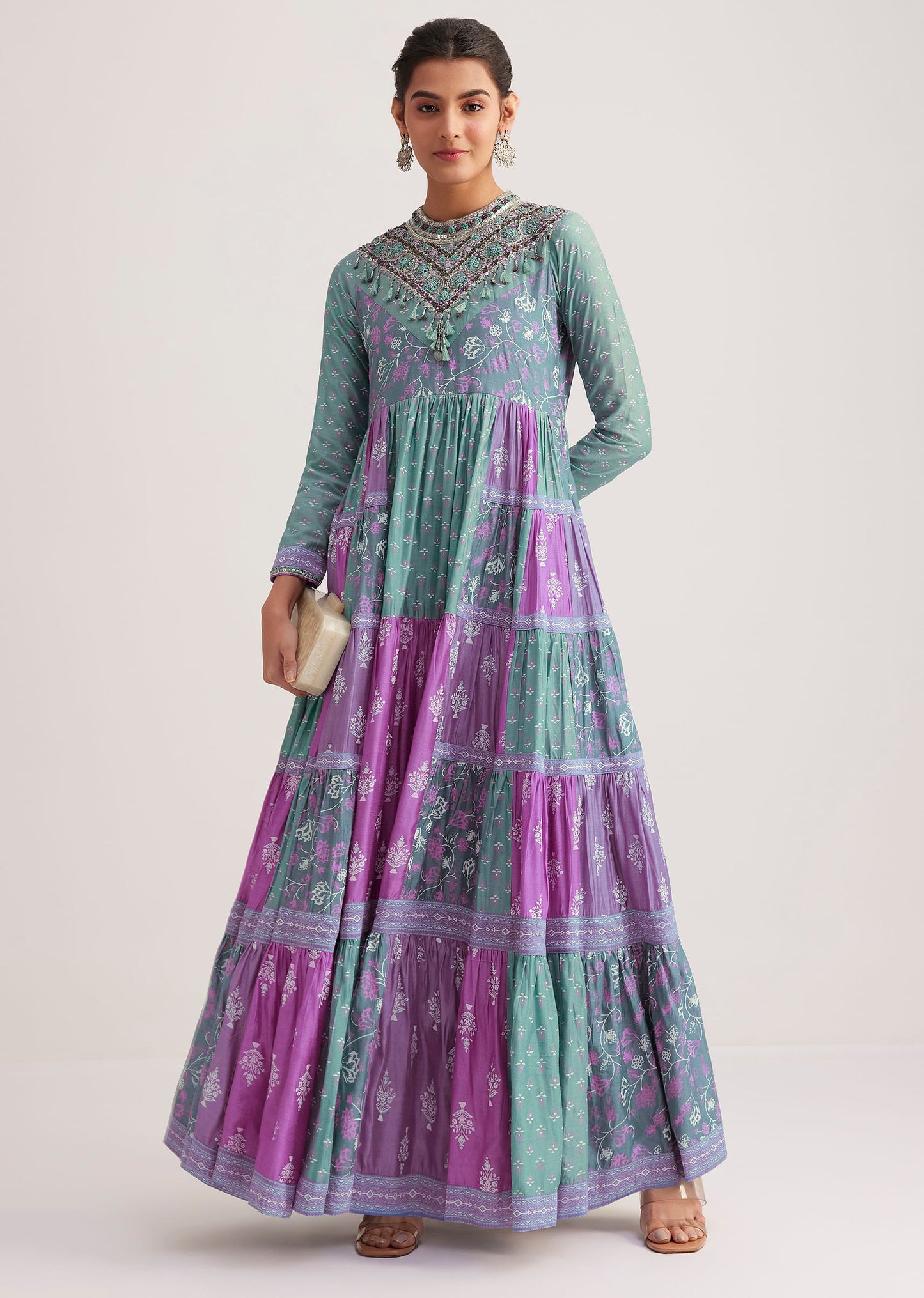 Blue Chanderi Kurta With Purple Block Print