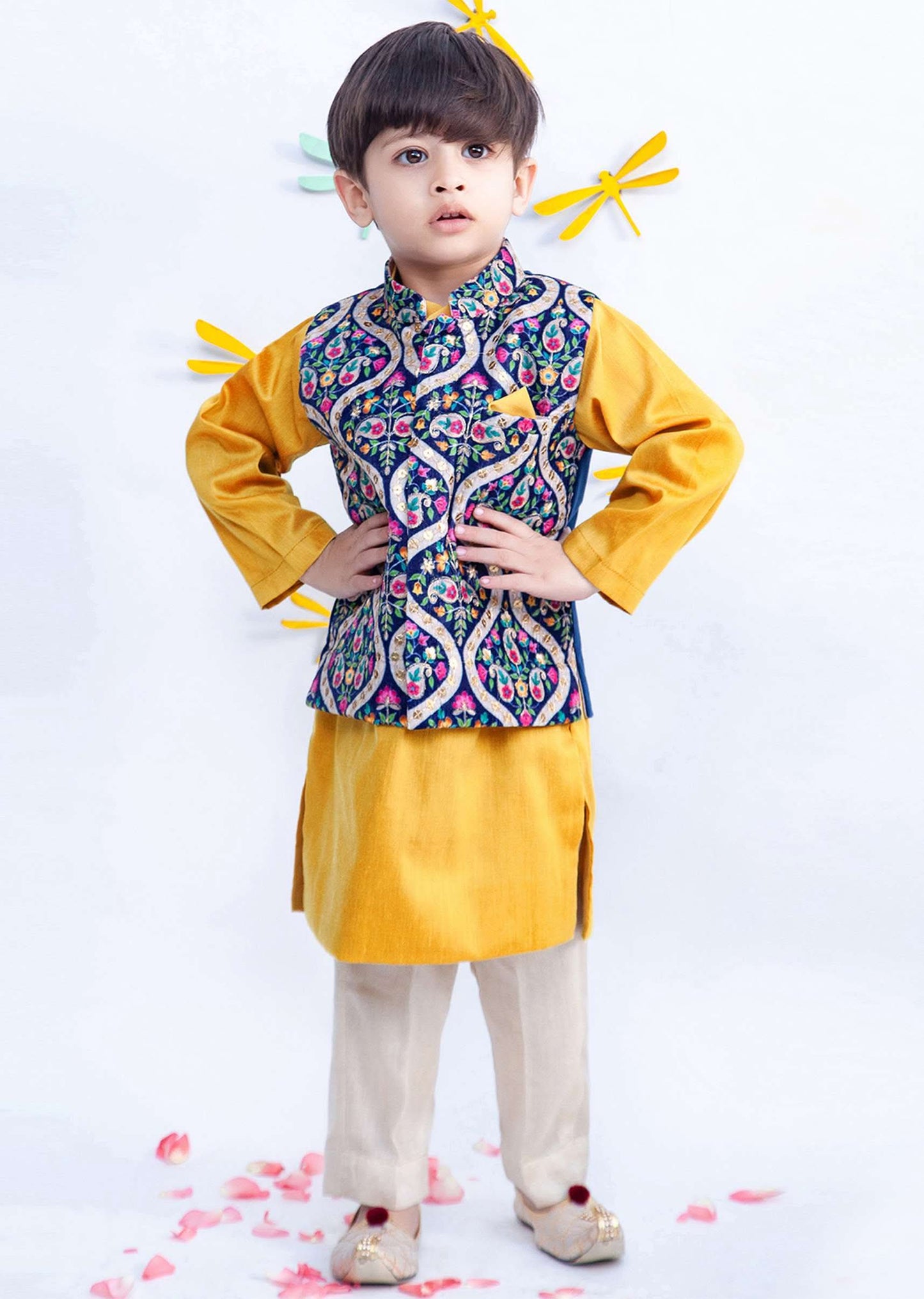 Kalki Boys Blue Embroidered Nehru Jacket In Velvet With Yellow Kurta And Pant By Fayon Kids