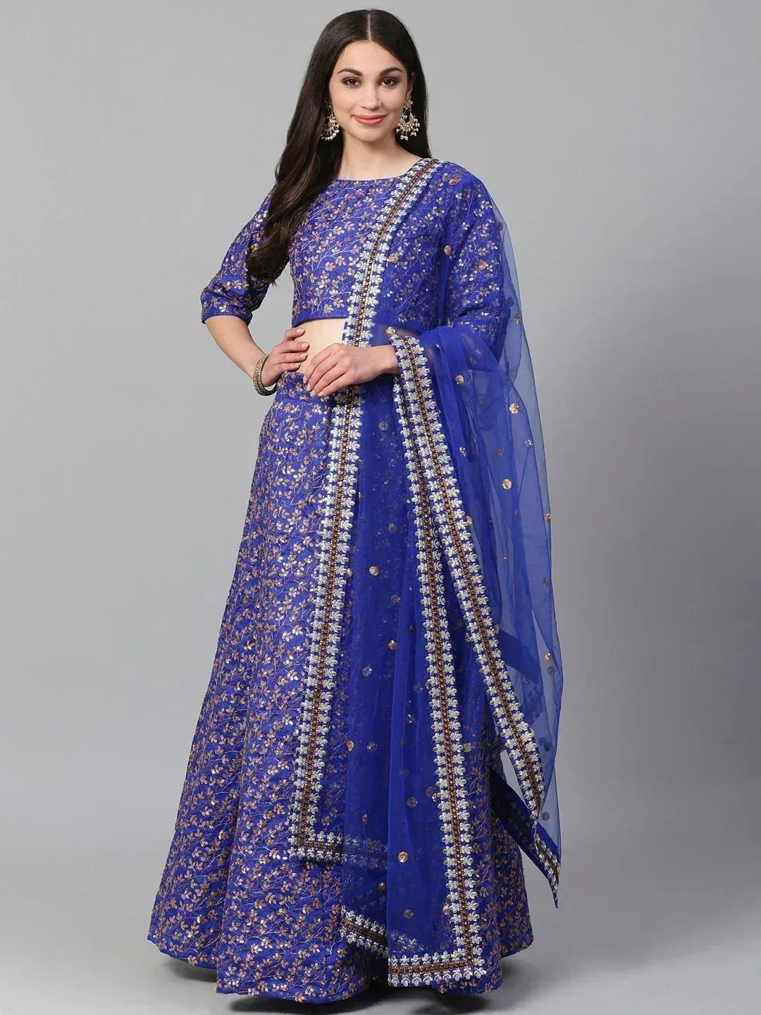 Tulsi Art Blue & Golden Semi-Stitched Myntra Party Wear Lehenga & Unstitched Blouse With Dupatta