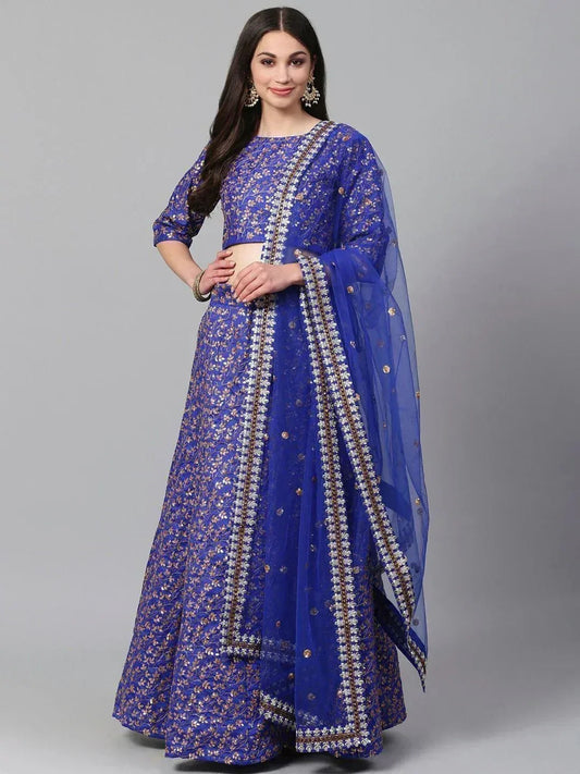 Tulsi Art Blue & Golden Semi-Stitched Myntra Party Wear Lehenga & Unstitched Blouse With Dupatta
