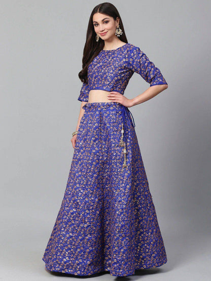 Tulsi Art Blue & Golden Semi-Stitched Myntra Party Wear Lehenga & Unstitched Blouse With Dupatta