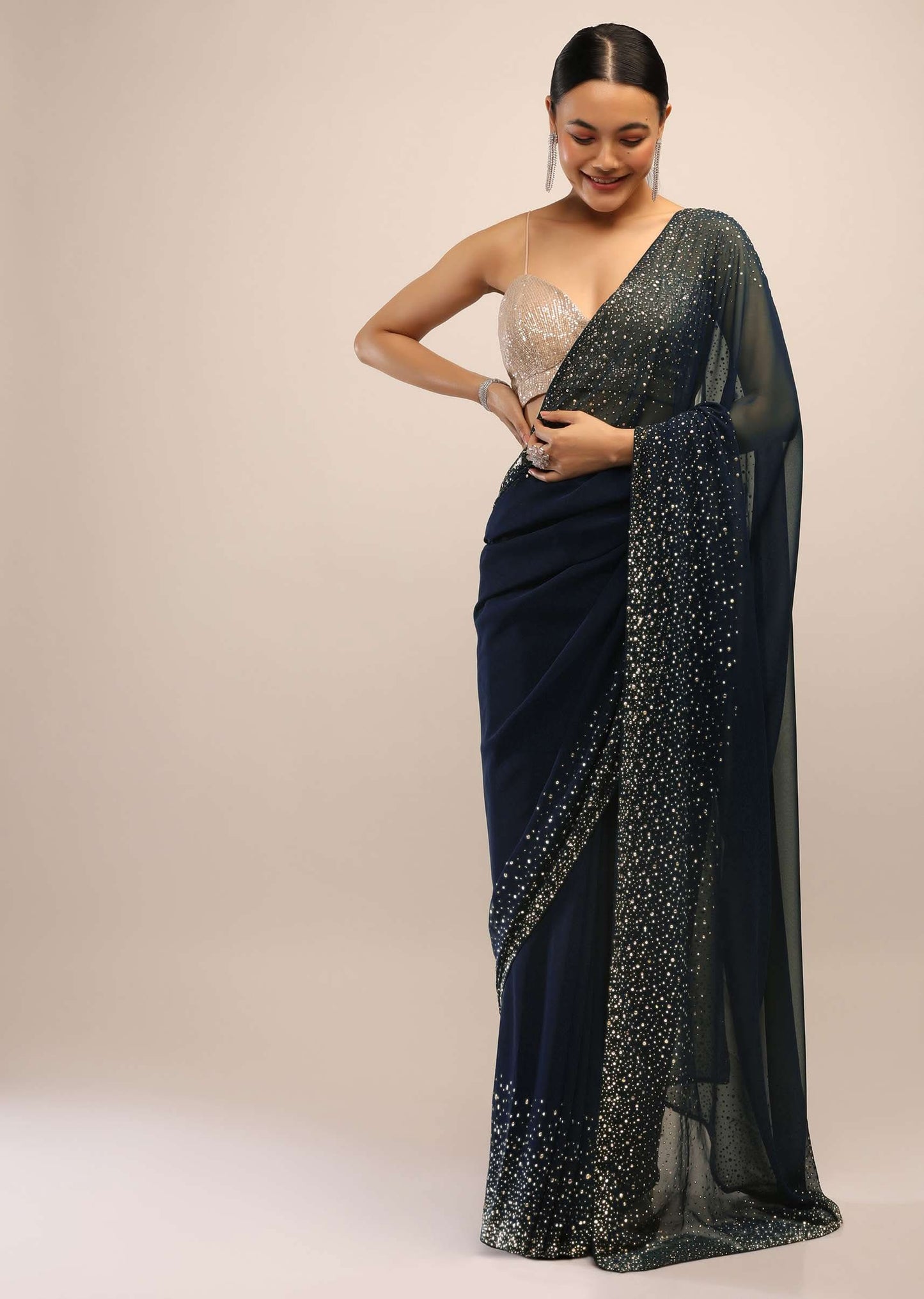 Blue Saree In Georgette With Kundan Embellished Border