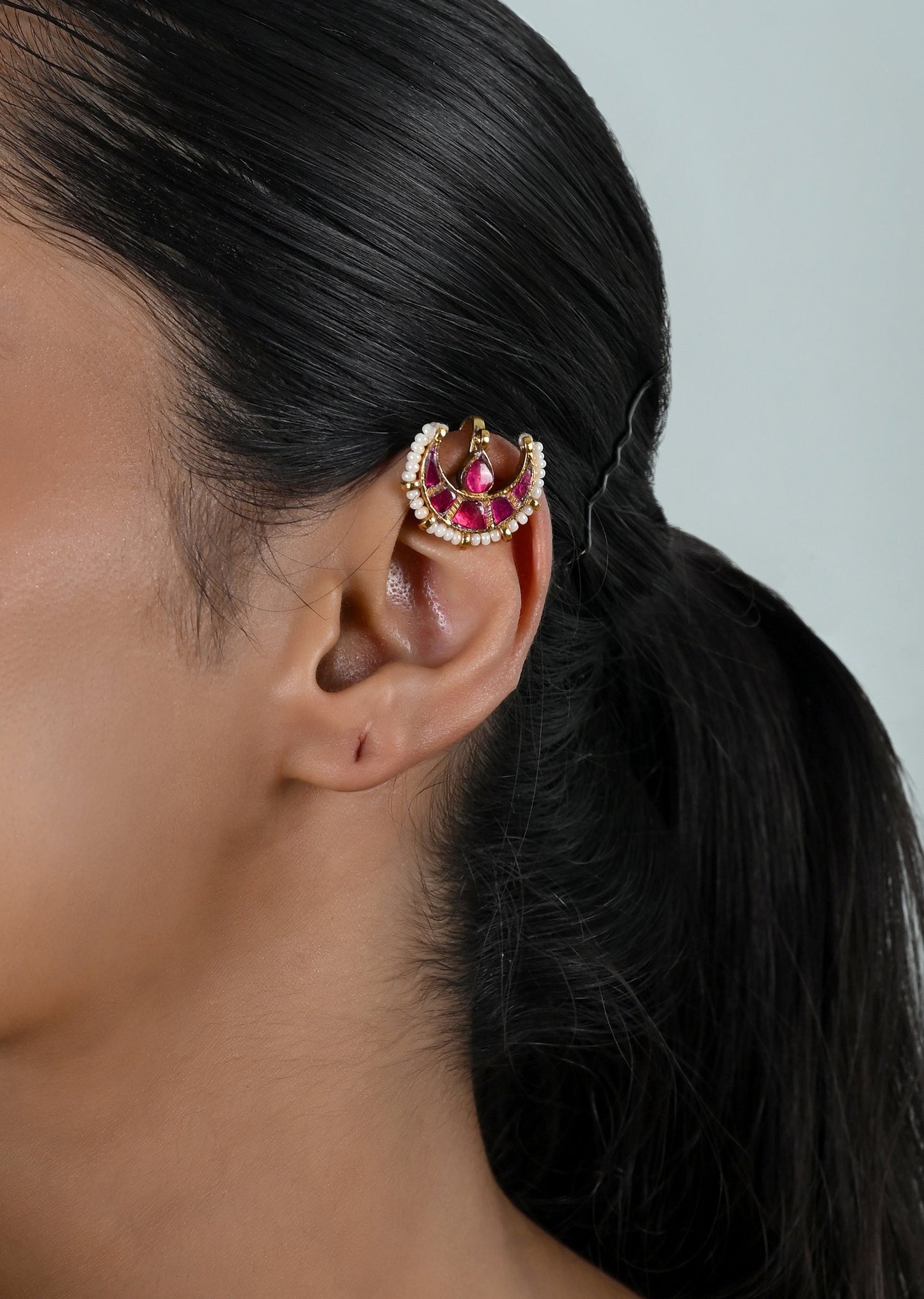 Rosette Pink Jadau Kundan Ear Cuffs