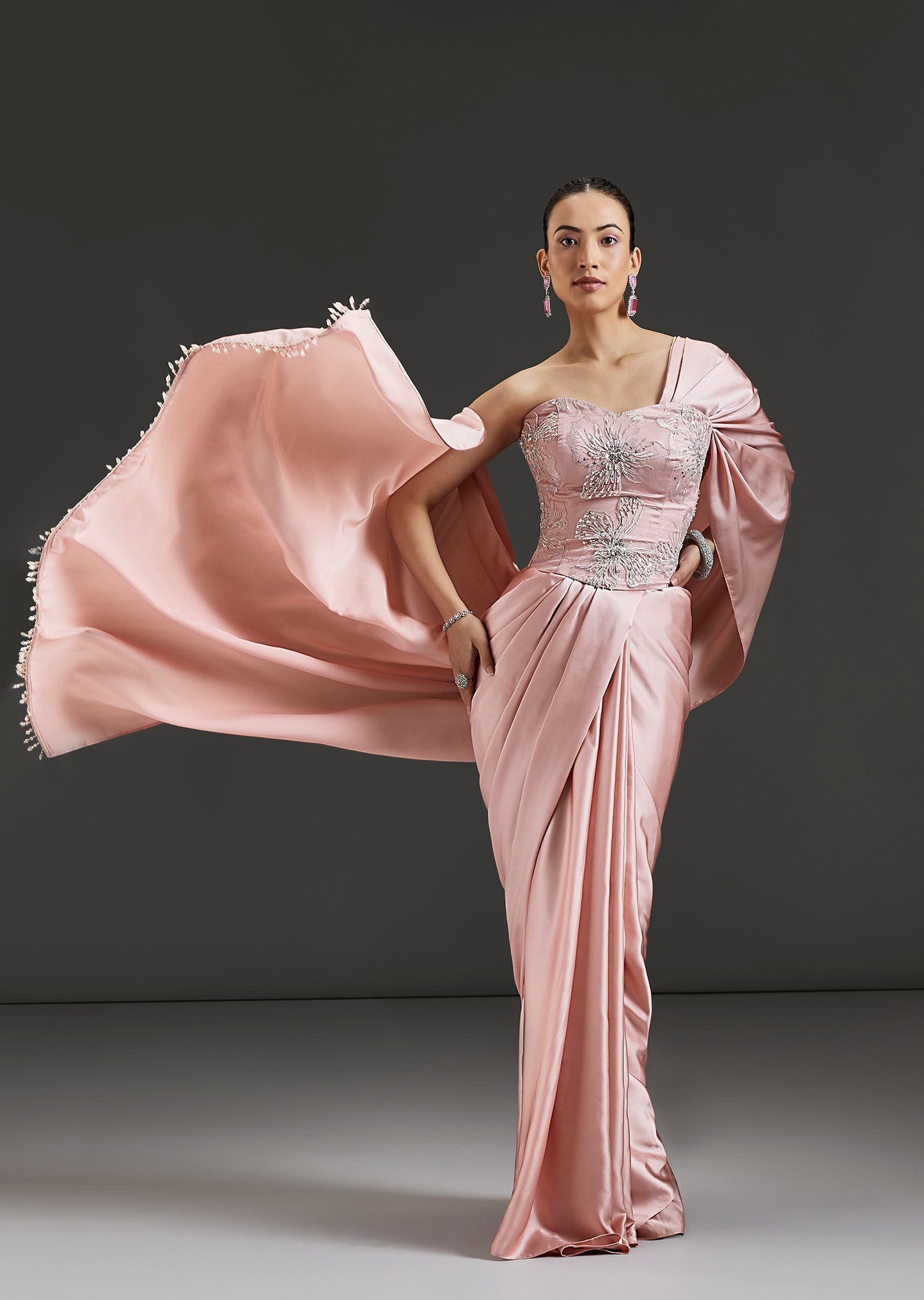 Blush Pink Satin Blend Ready Pleated Saree With Embellished Lace Up Corset
