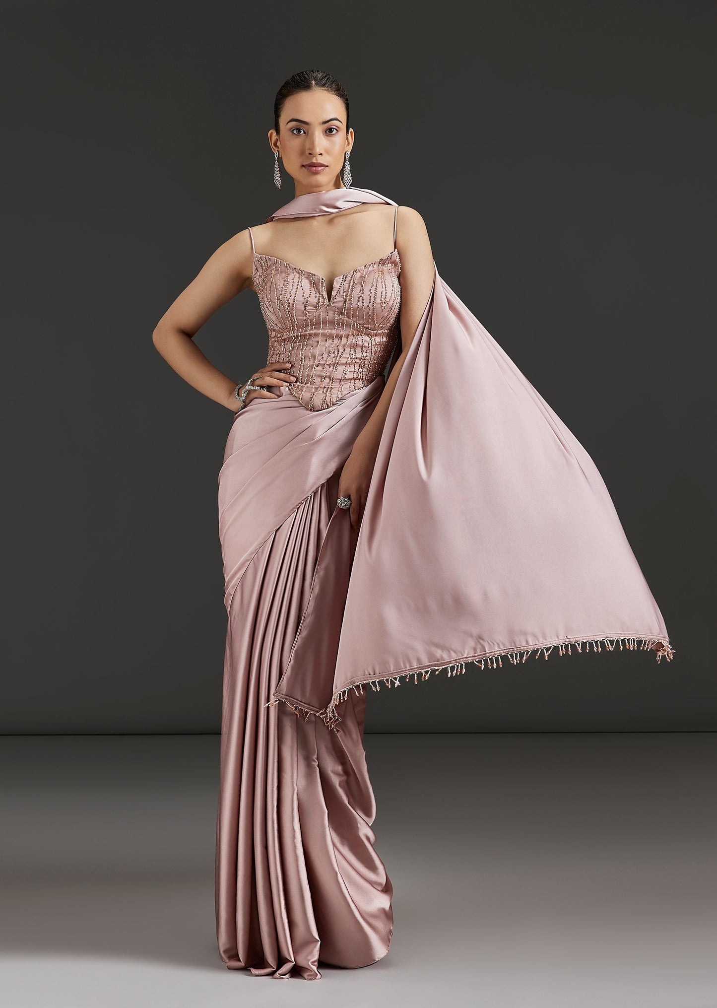 Blush Pink Satin Blend Ready Pleated Saree With Embellished One Shoulder Lace Up Corset