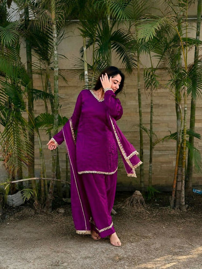 Teeya Creation New Trendy Elegant Wine Chanderi Silk Kurta Set with Delicate Lace Detailing and Matching Dupatta