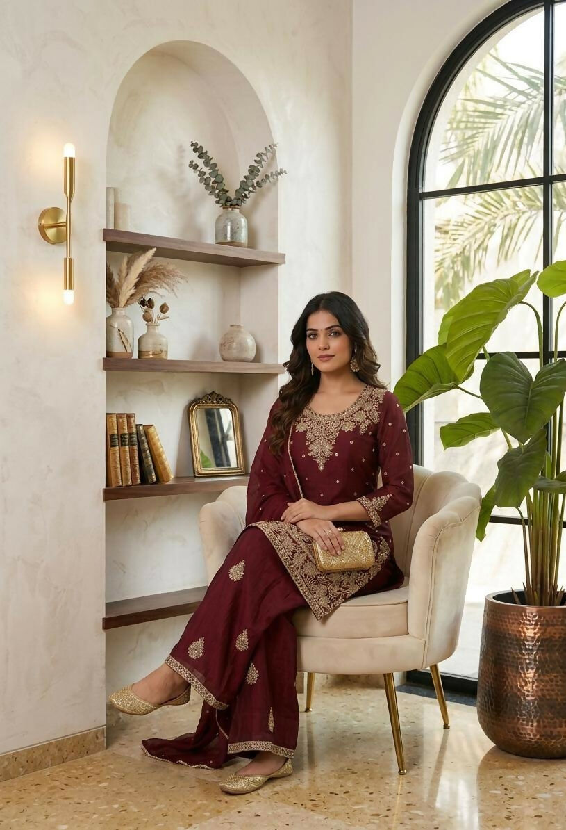 Teeya Creation New Latest Stylish Kurta Palazzo Set - Red