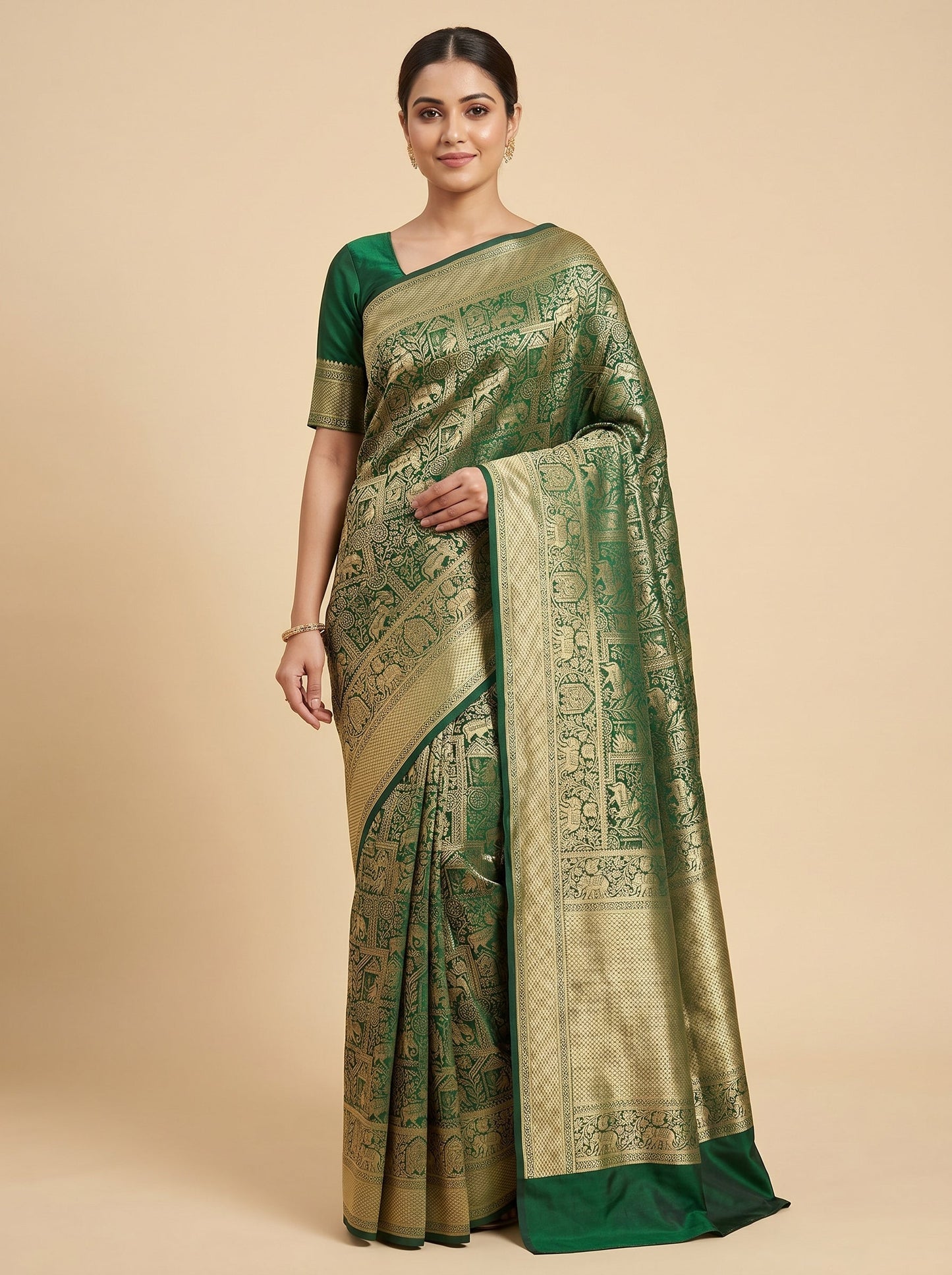 Bottle Green Plush Weave Handloom Saree