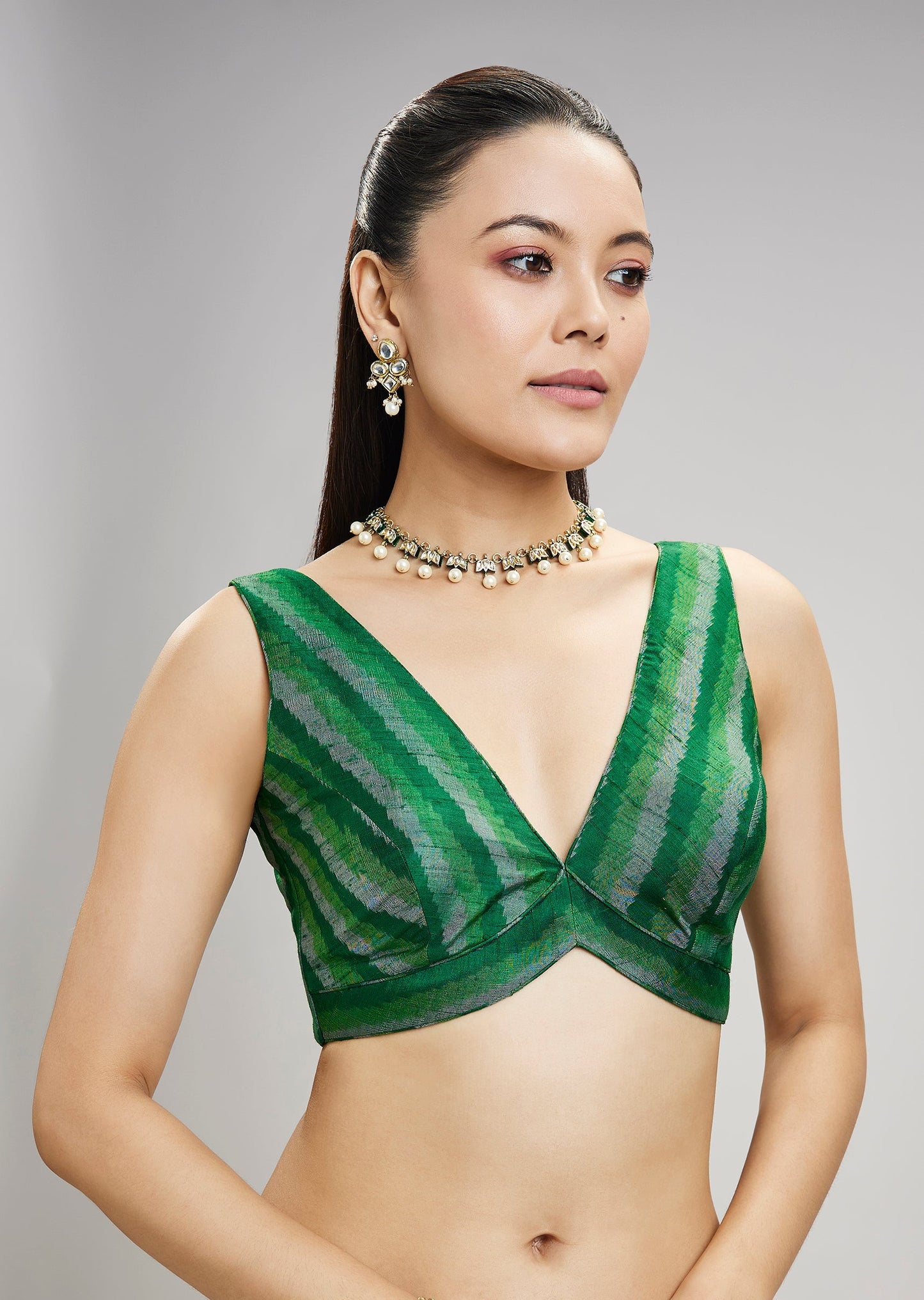 Bottle Green Tussar Silk Ikat Blouse