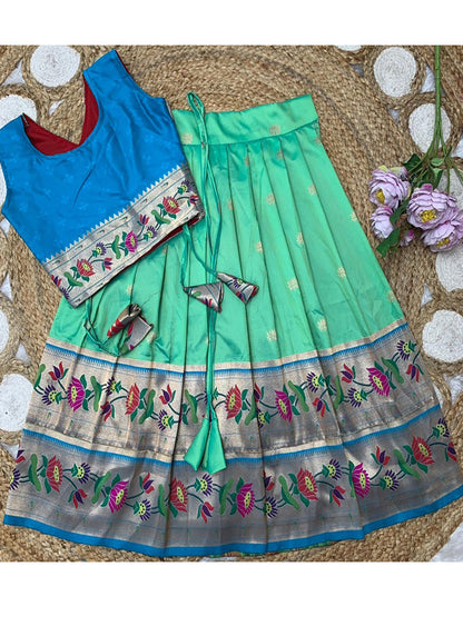 Evanik Turquoise Kids Paithani Silk Lotus Pattern Lehenga Choli