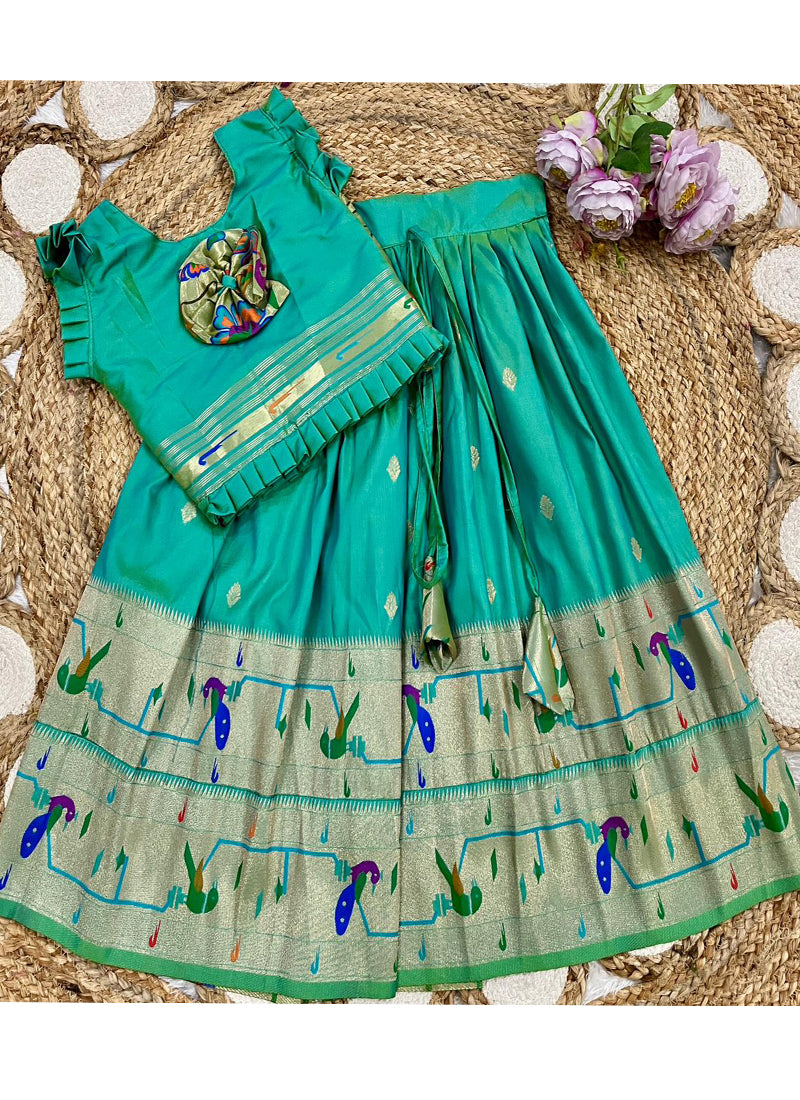 Evanik Designer Bottlegreen Soft Silk Paithani Design Lehenga Choli For Girls-Party & Ethnic Wear