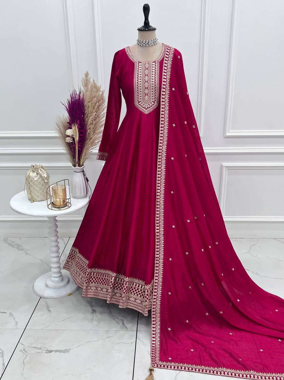 The52 Women's Gorgeous Embroidery Work Vichitra SIlk Fabric Flared Anarkali Dupatta Set-Dark Pink