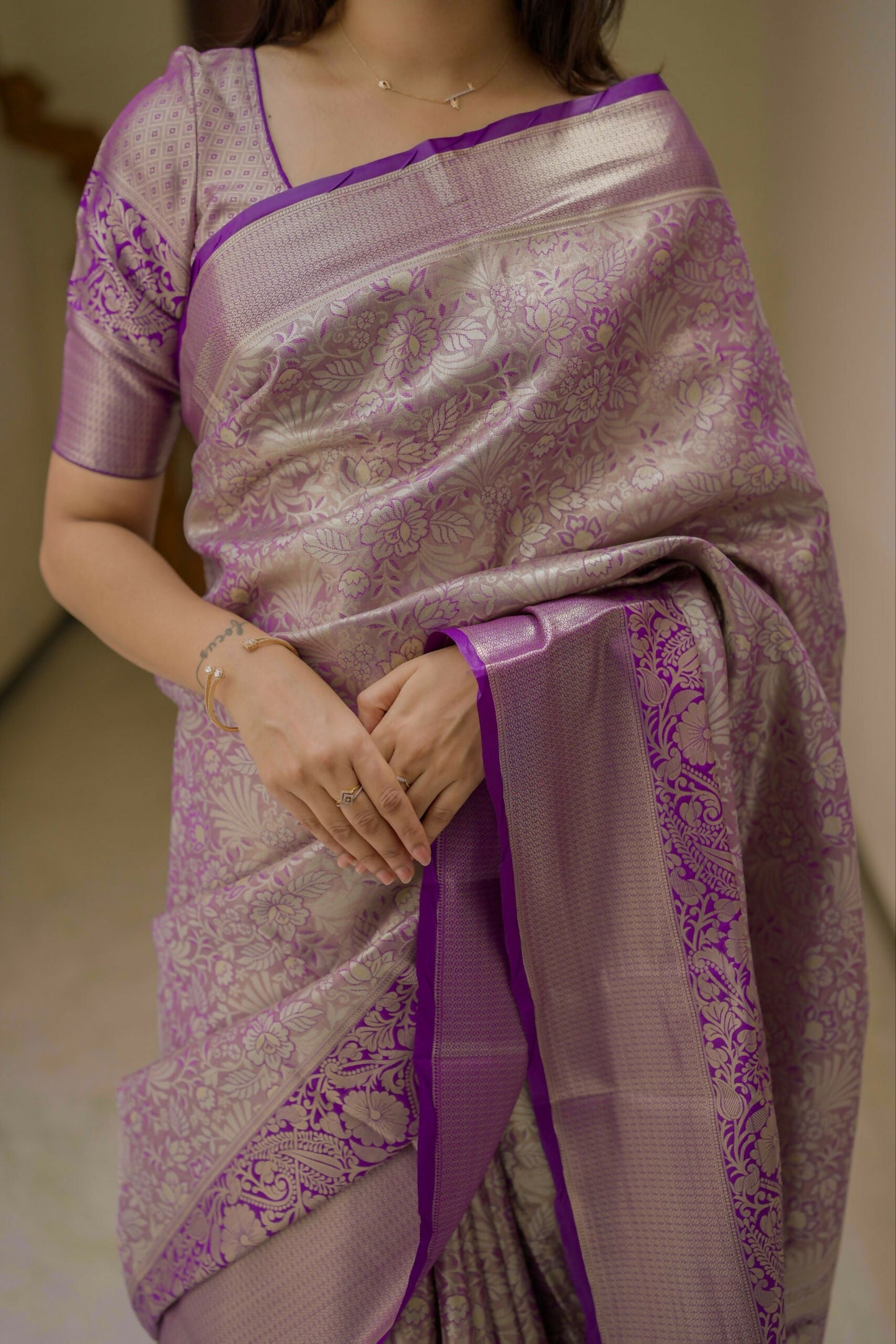 Prime Volt Bridal Kanchipuram Silk Saree with Rich Zari Weaving & Contrast Border-Purple