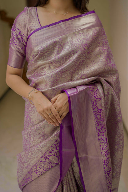 Prime Volt Bridal Kanchipuram Silk Saree with Rich Zari Weaving & Contrast Border-Purple
