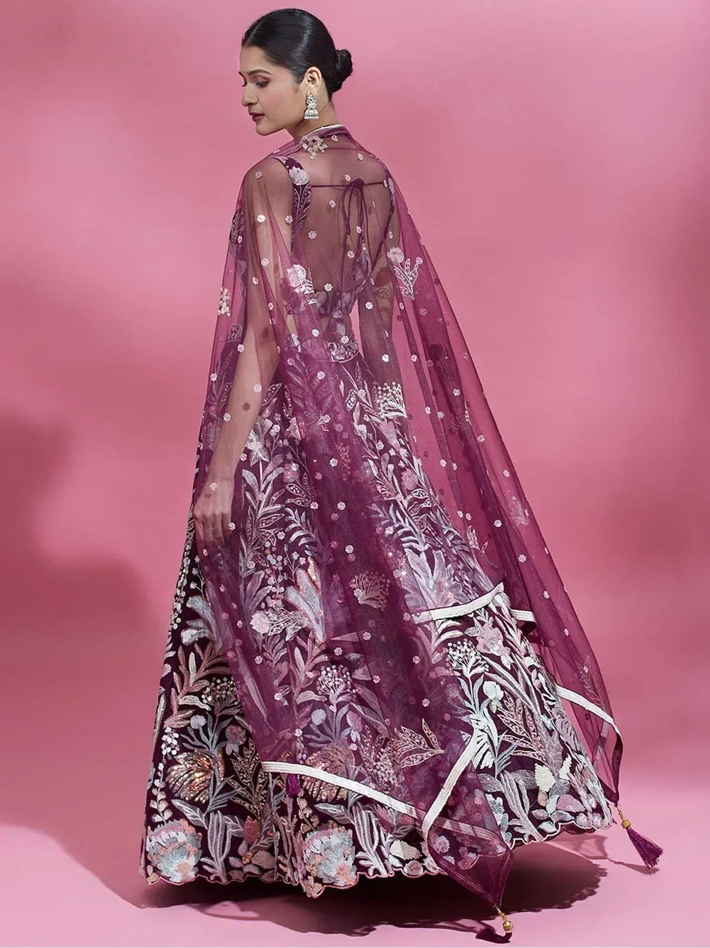 Tulsi Art Breathtaking Wine Sequins Soft Net Function Wear Lehenga Choli