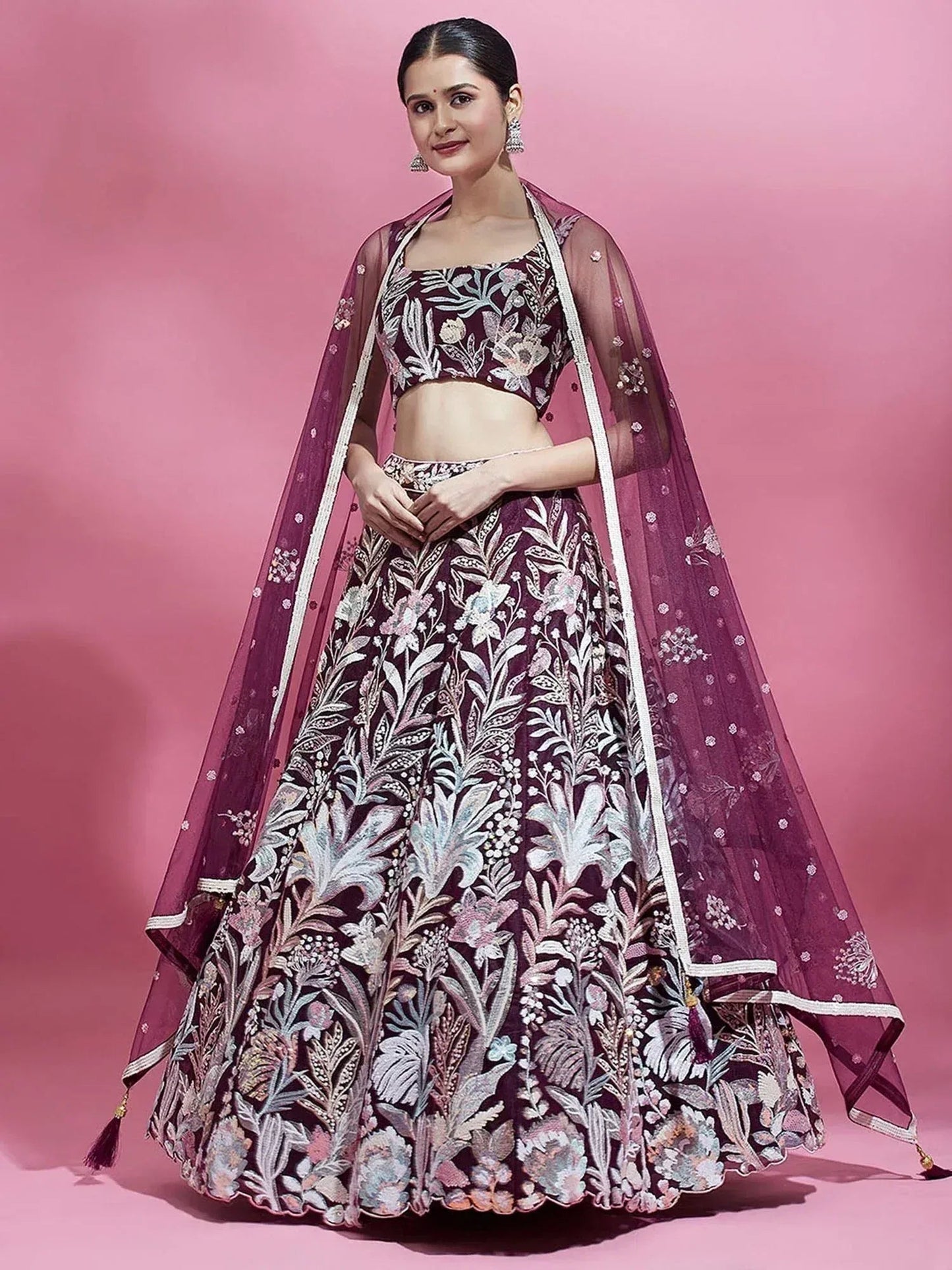 Tulsi Art Breathtaking Wine Sequins Soft Net Function Wear Lehenga Choli