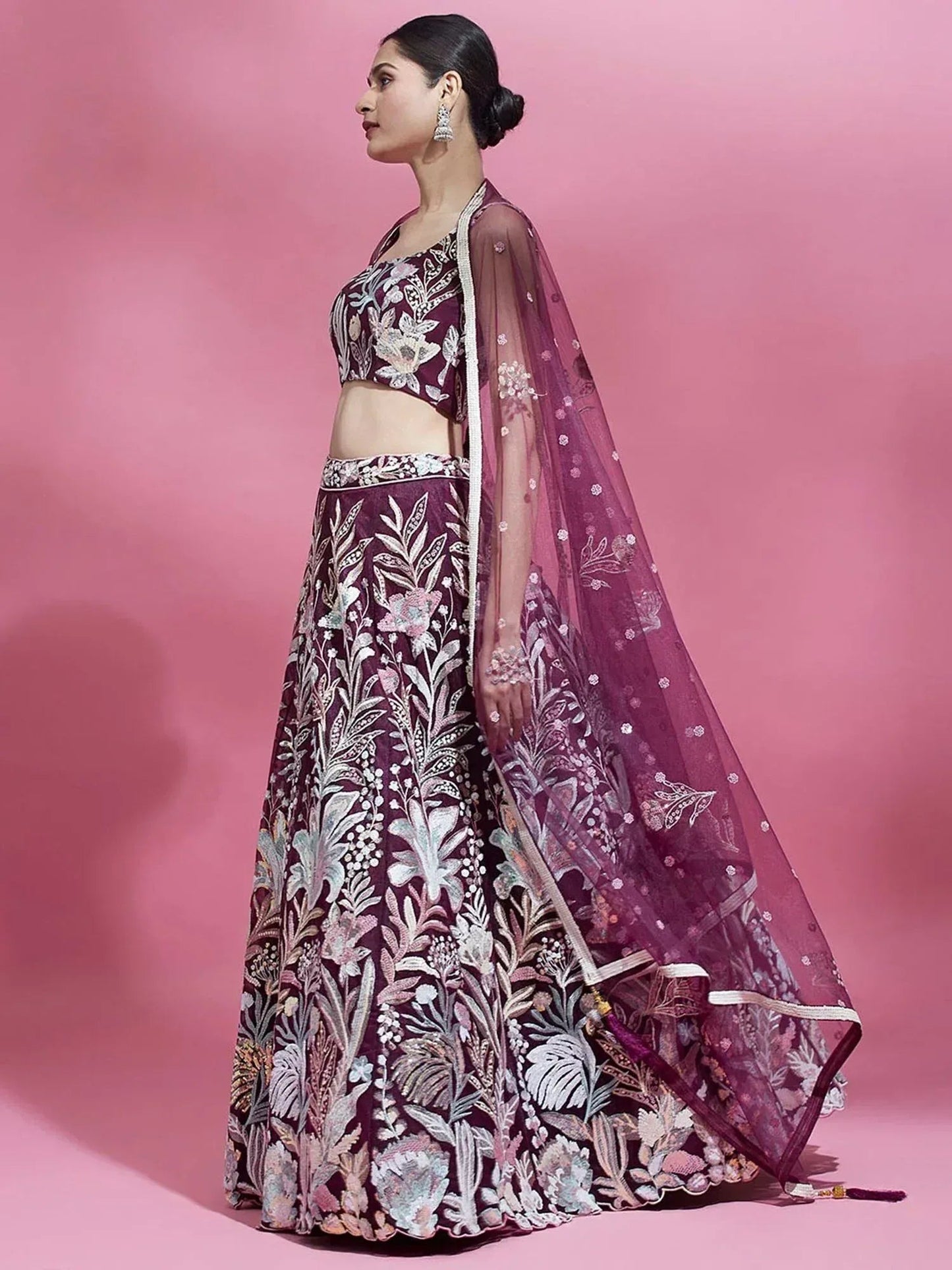 Tulsi Art Breathtaking Wine Sequins Soft Net Function Wear Lehenga Choli