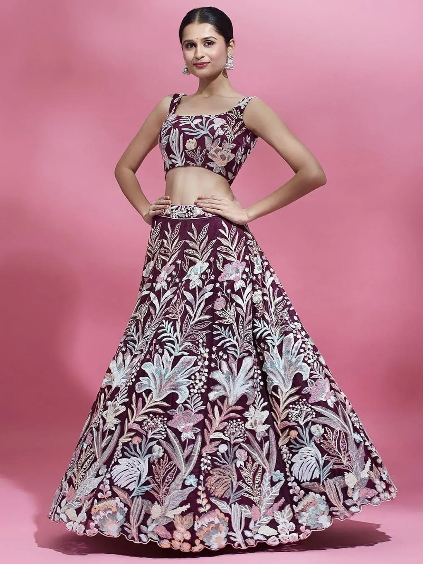 Tulsi Art Breathtaking Wine Sequins Soft Net Function Wear Lehenga Choli