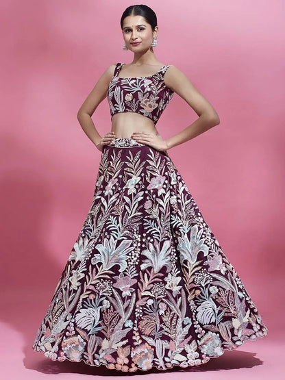Tulsi Art Breathtaking Wine Sequins Soft Net Function Wear Lehenga Choli