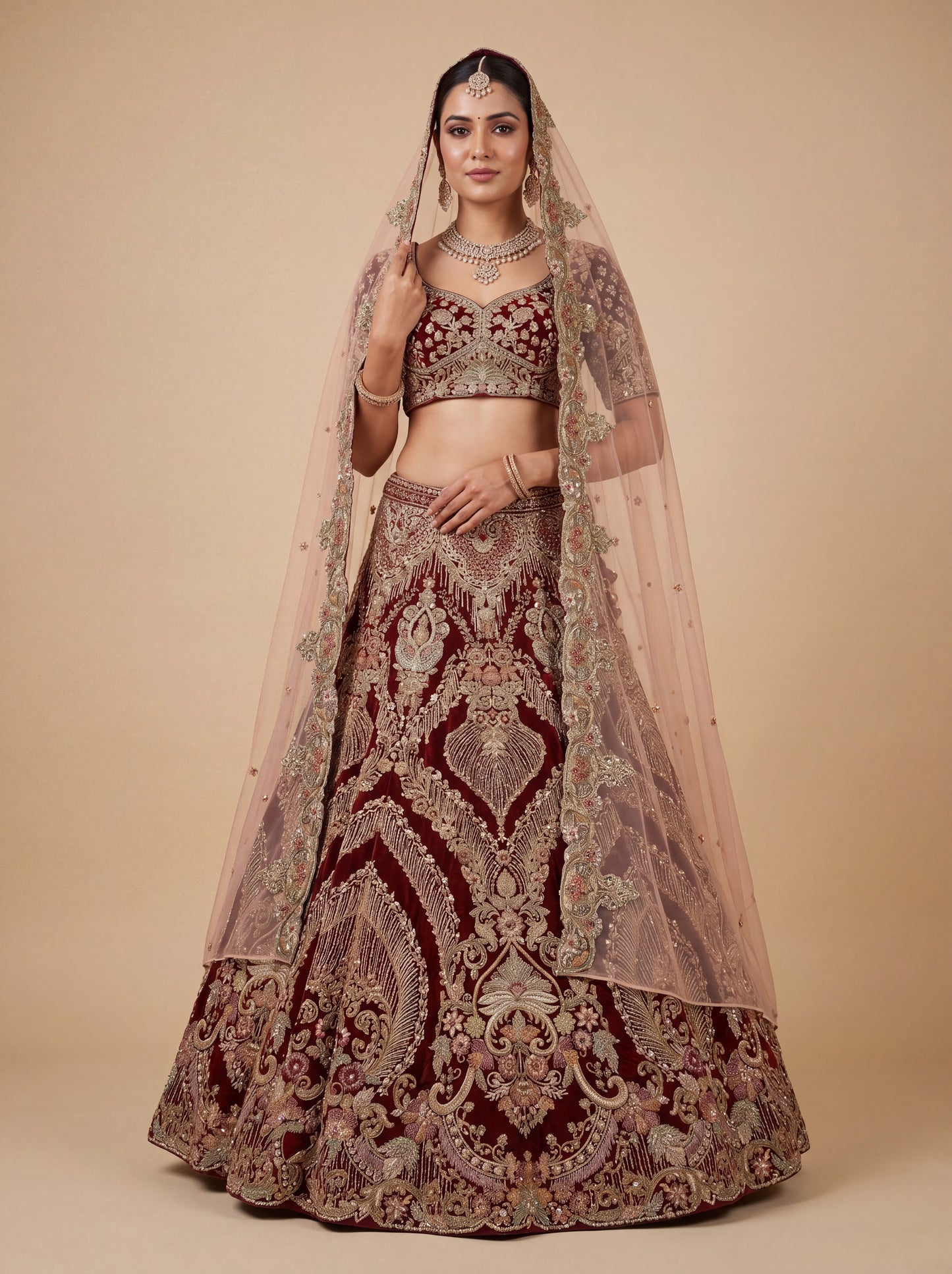 Brick Brown Pheras Bridal Lehenga With Zari Work