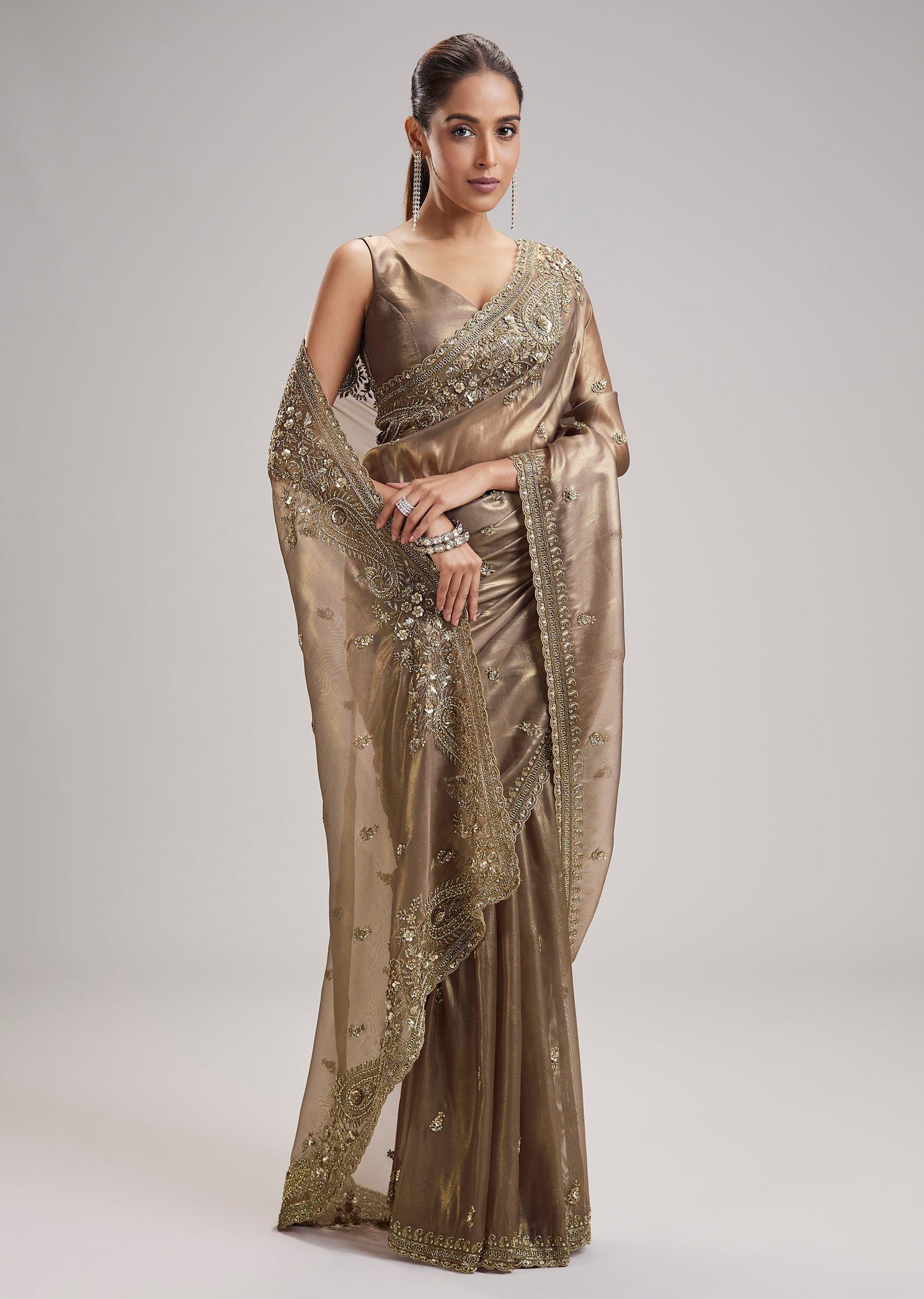 Bronze Heavily Embroidered Gold Tissue Saree