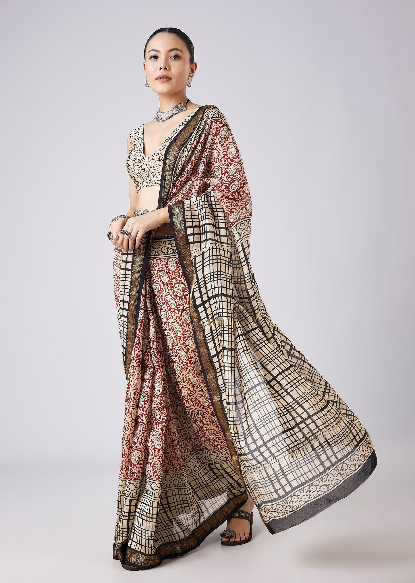 Brown Block Print Tassel Saree with Unstitched Blouse