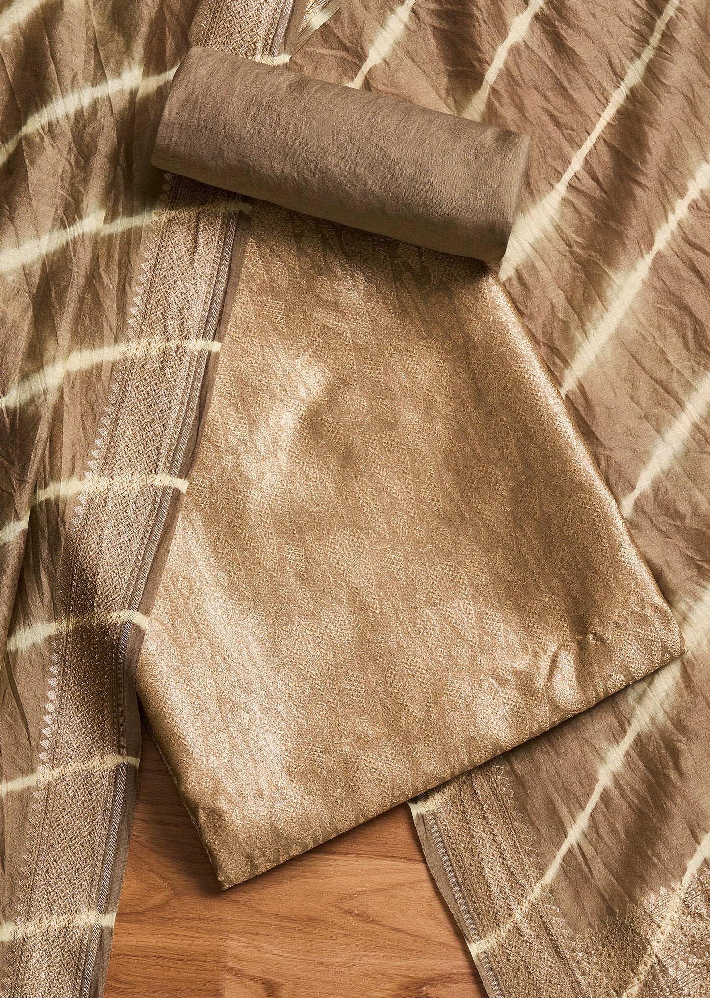 Brown Chanderi Unstitched Suit With Dupatta