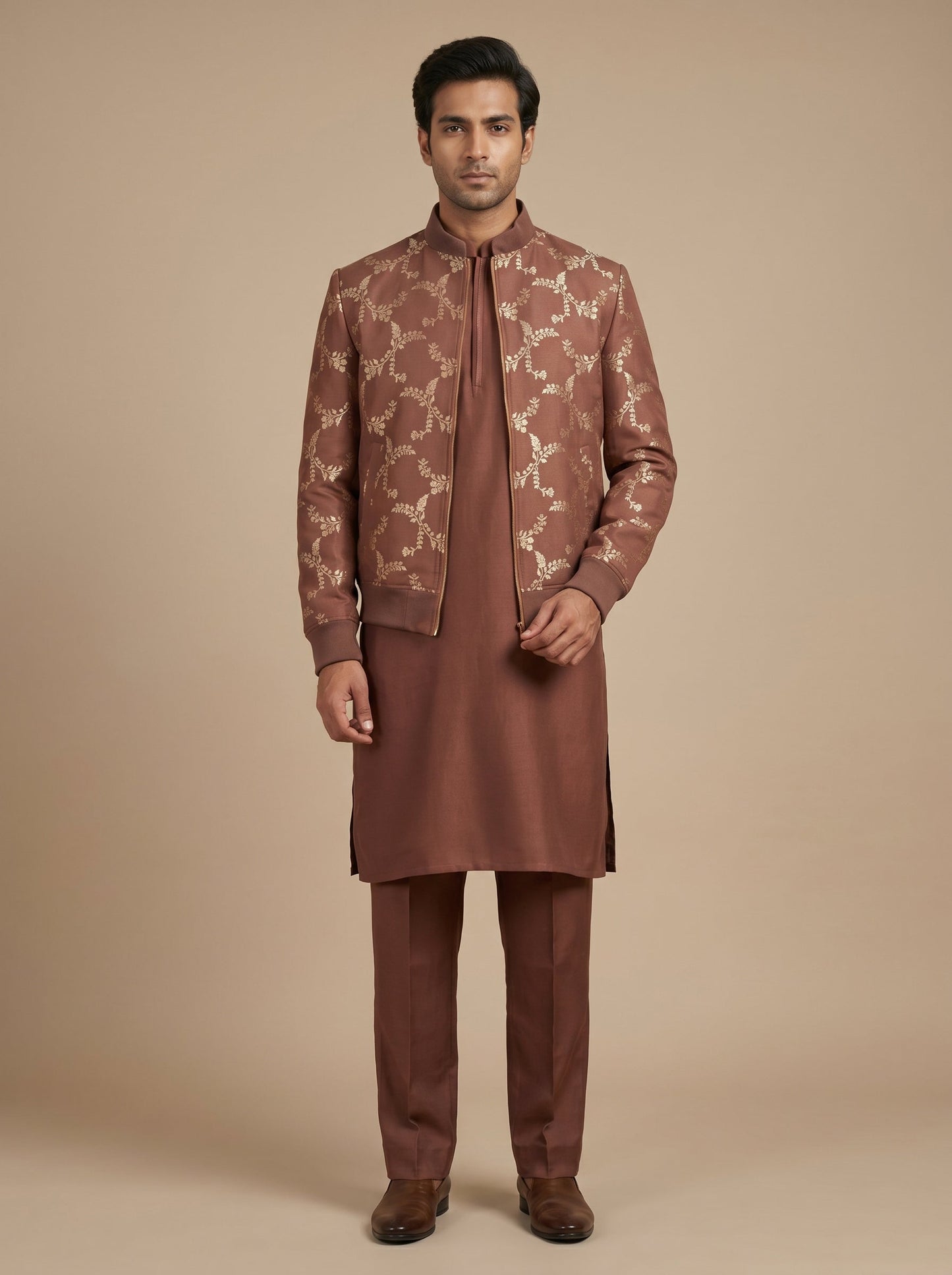 Brown Classic Jacket Kurta Set