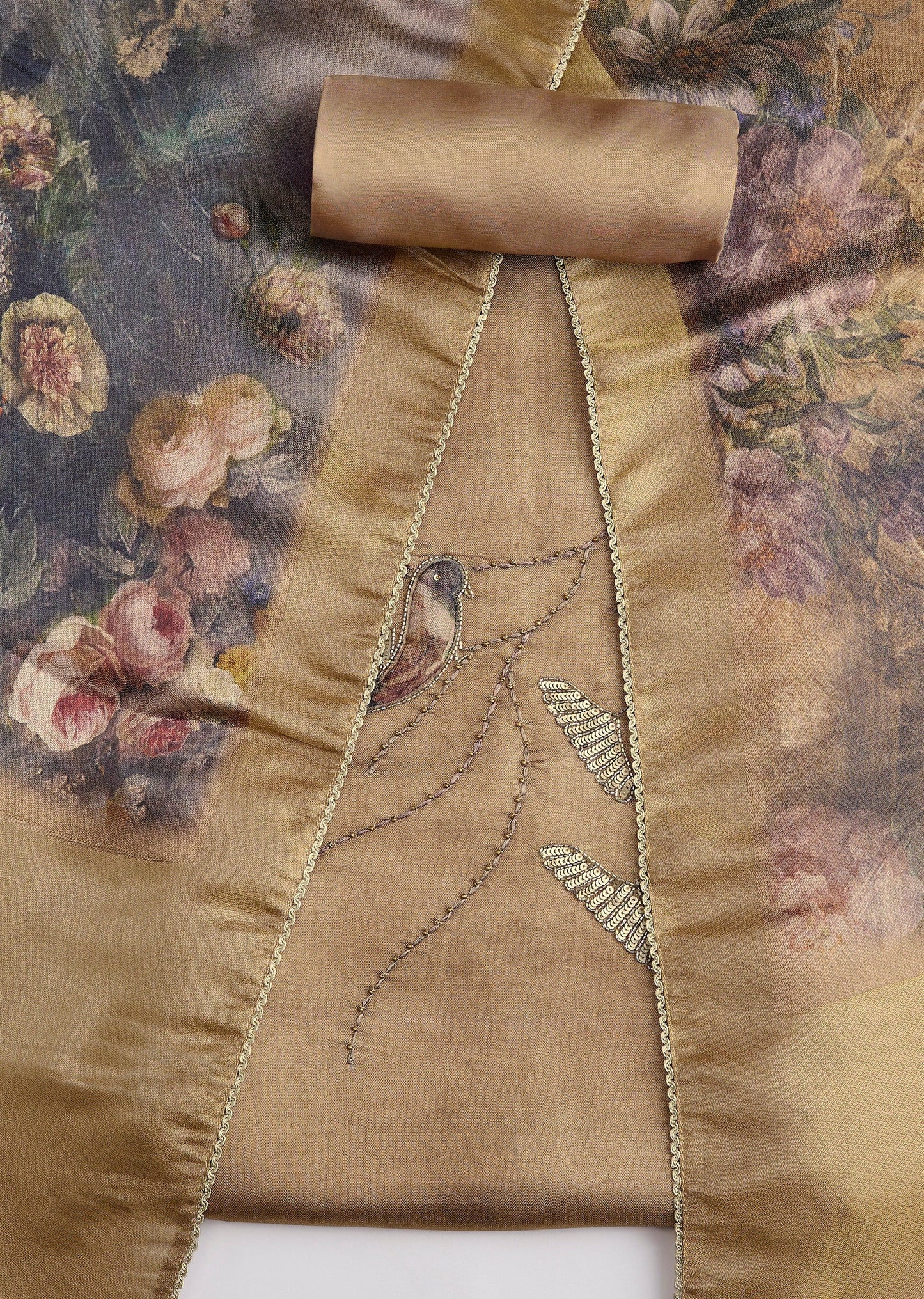 Brown Dola Silk Embroidered Unstitched Suit Set With Printed Dupatta
