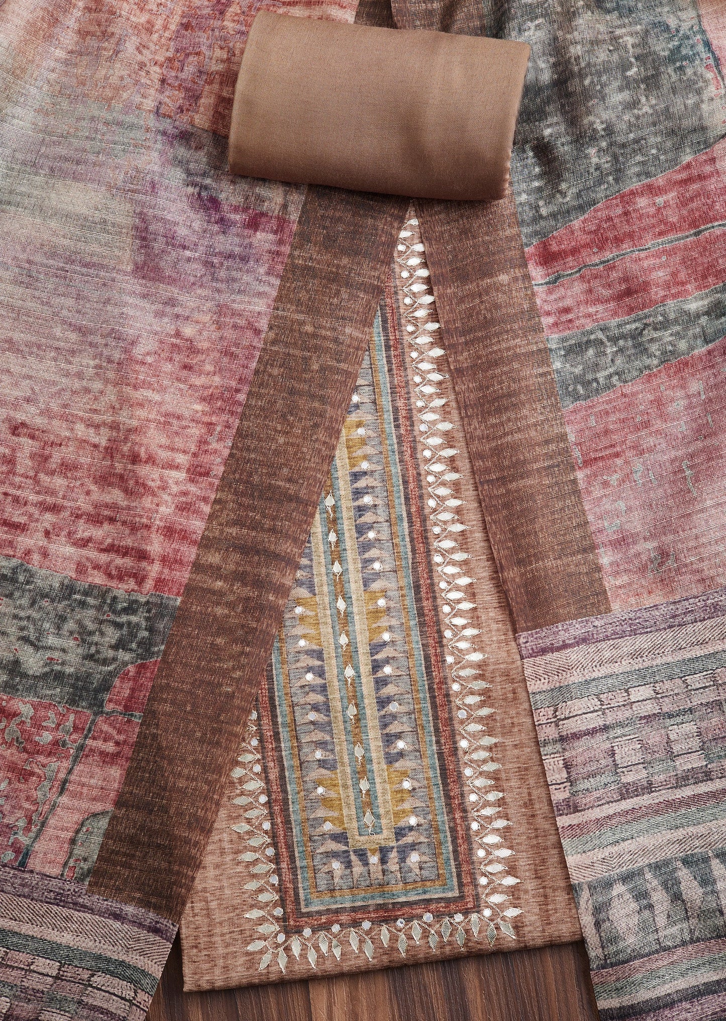 Brown Dola Silk Printed Unstitched Suit
