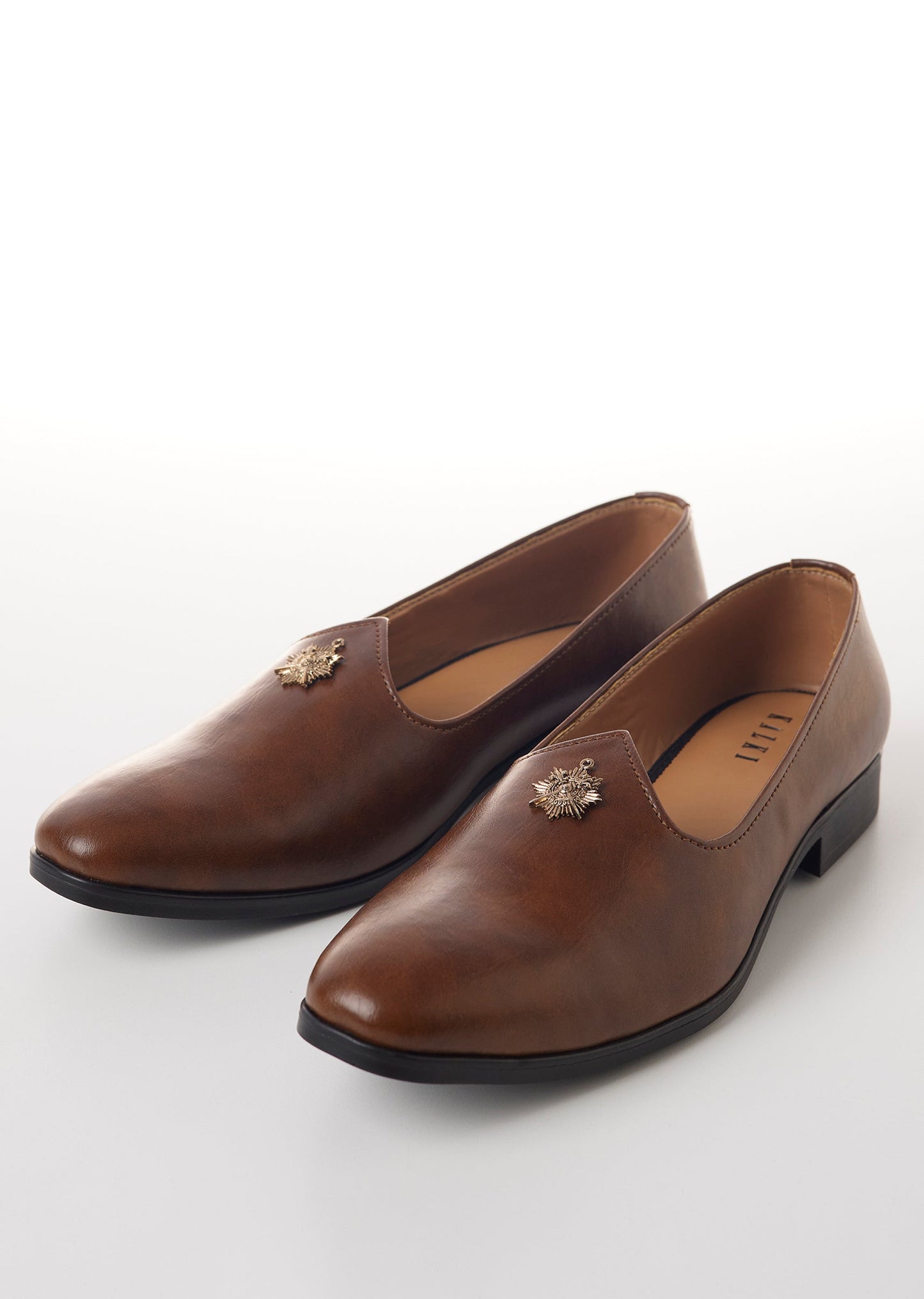 Brown Faux Leather Mens Loafers with Metallic Sun Motif Embellishment