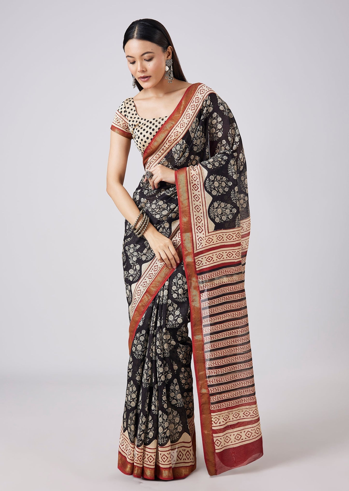 Brown Hand Painted Floral Motif Saree with Blouse