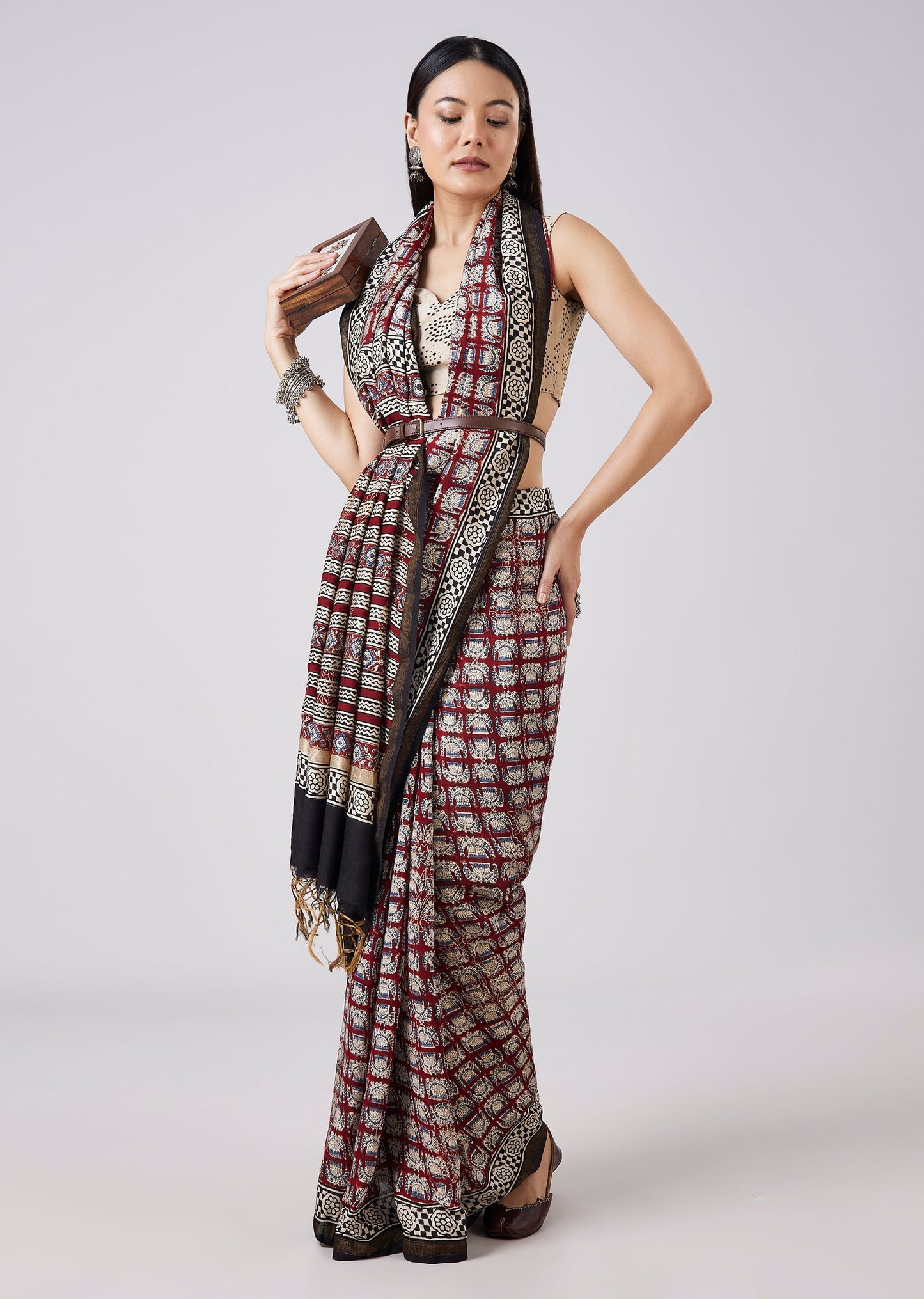 Brown Hand Painted Motif Saree with Blouse