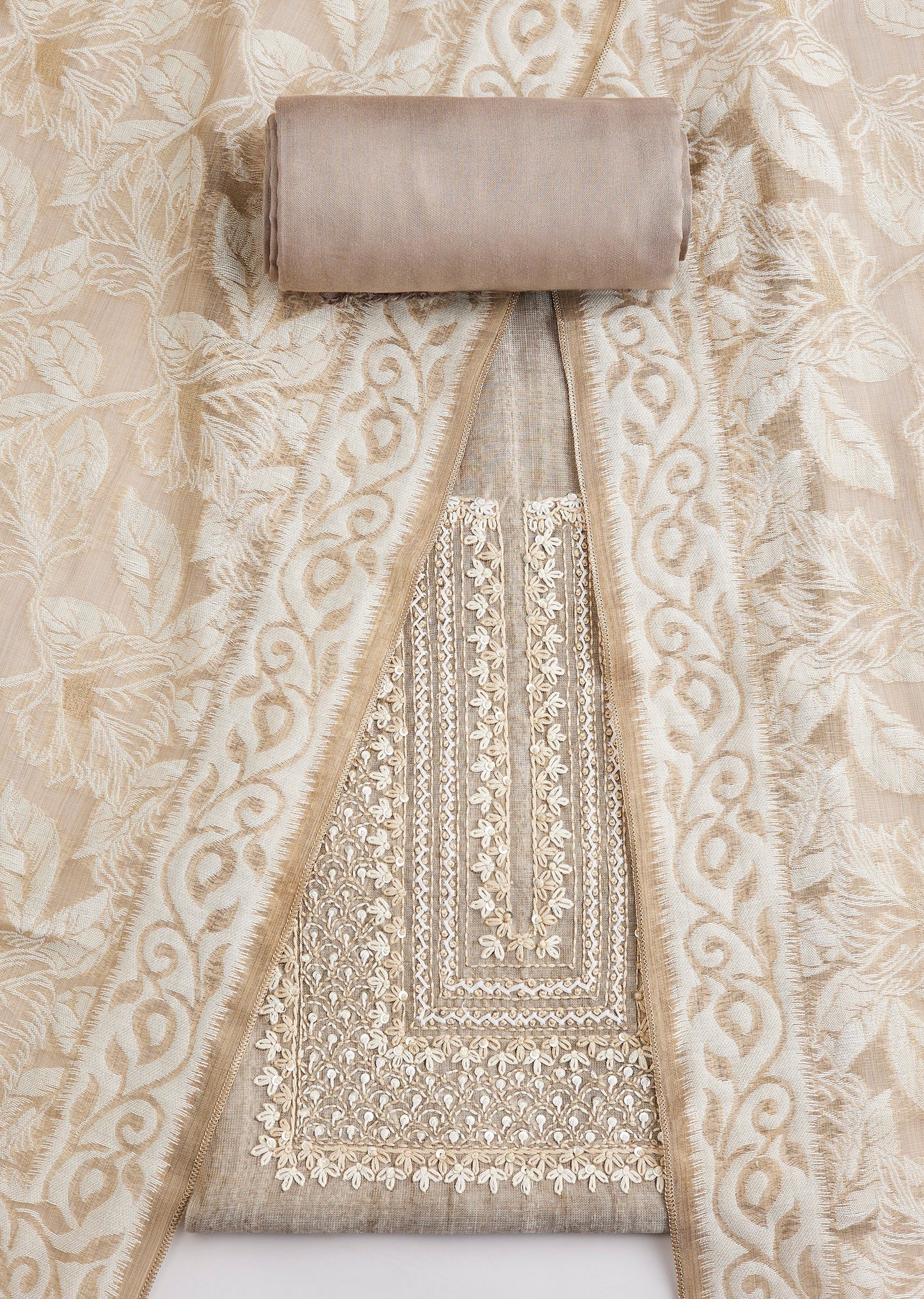 Brown Linen Embroidered Unstitched Suit Set With Dupatta