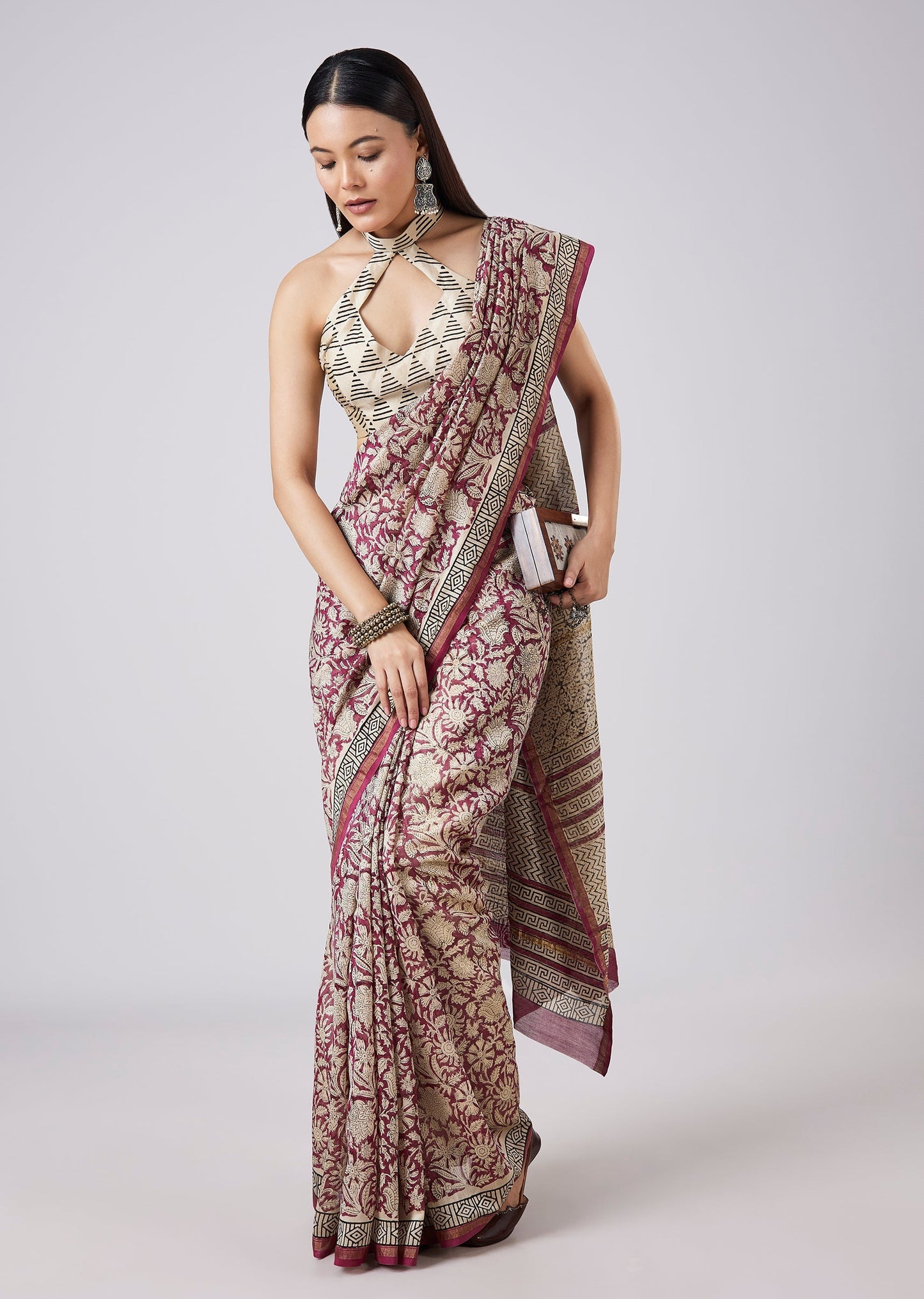 Brown Saree with Hand Painted Motifs and Blouse