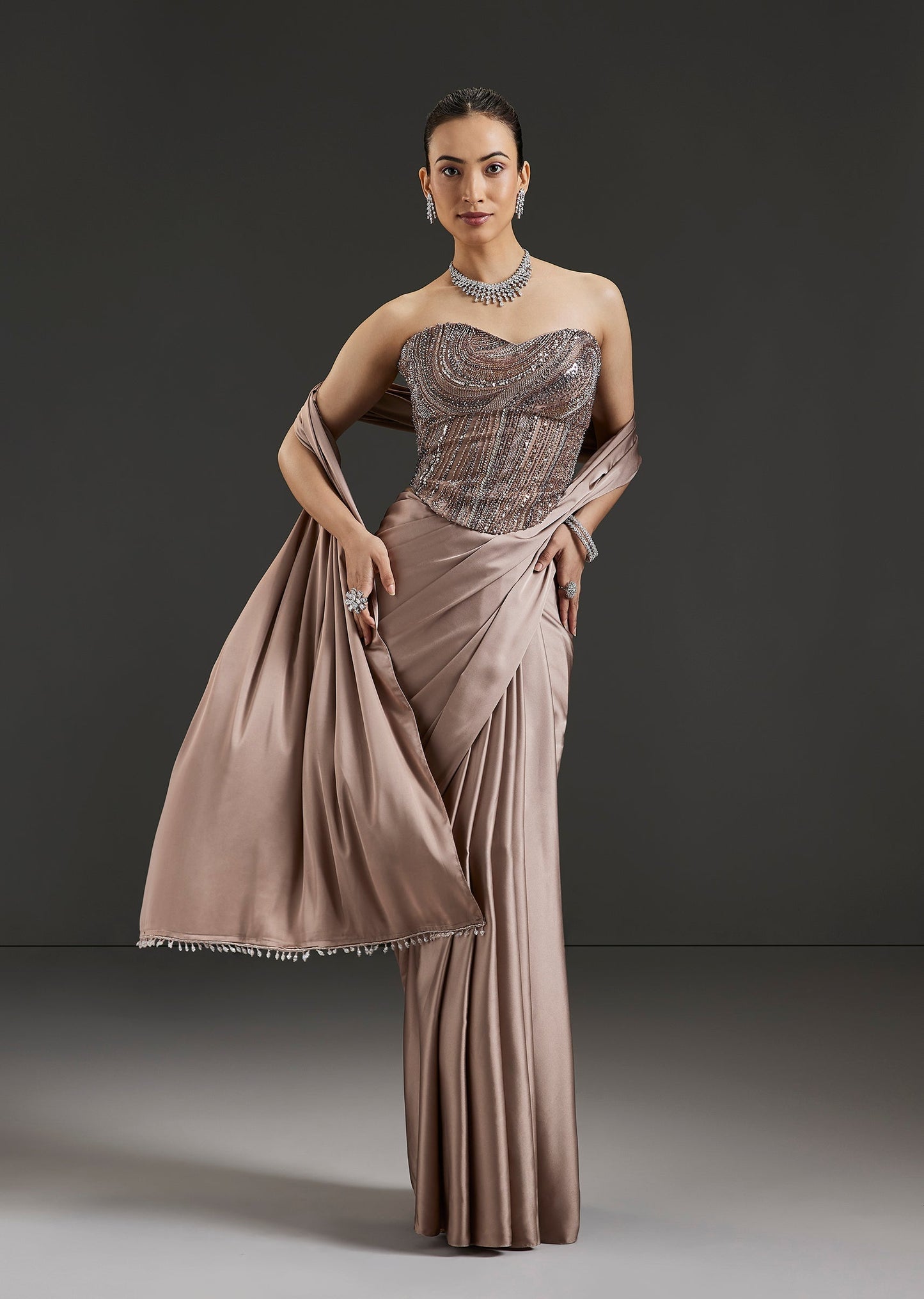 Brown Satin Blend Ready Pleated Saree With Embroidered Lace Up Corset Blouse
