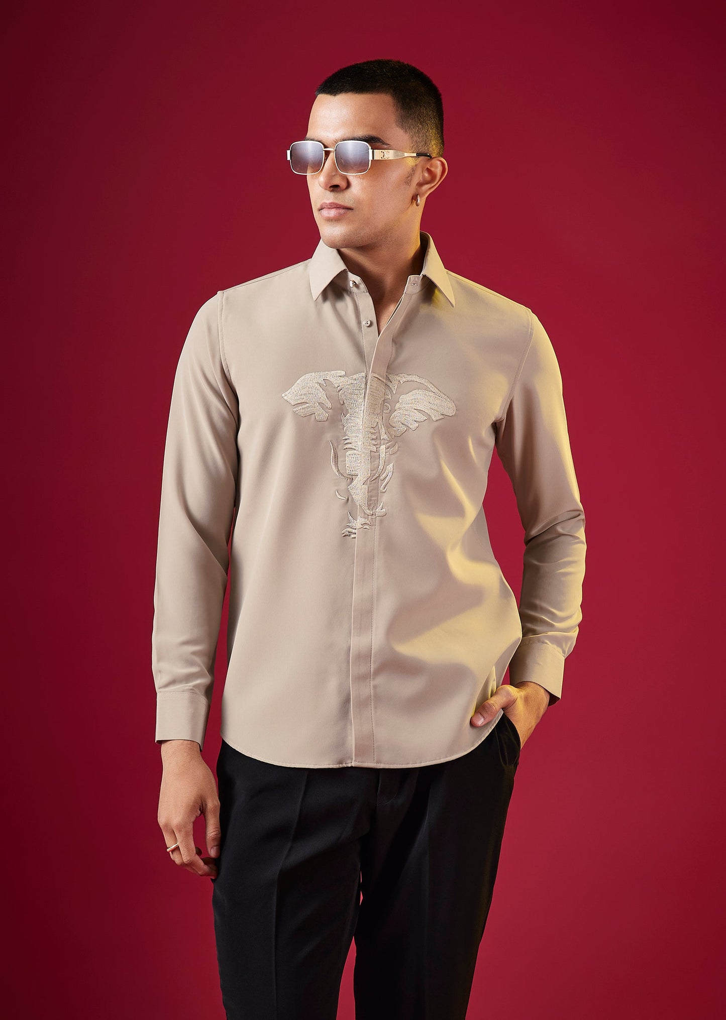 Brown Thread Embroidered Mandarin Collar Mens Shirt