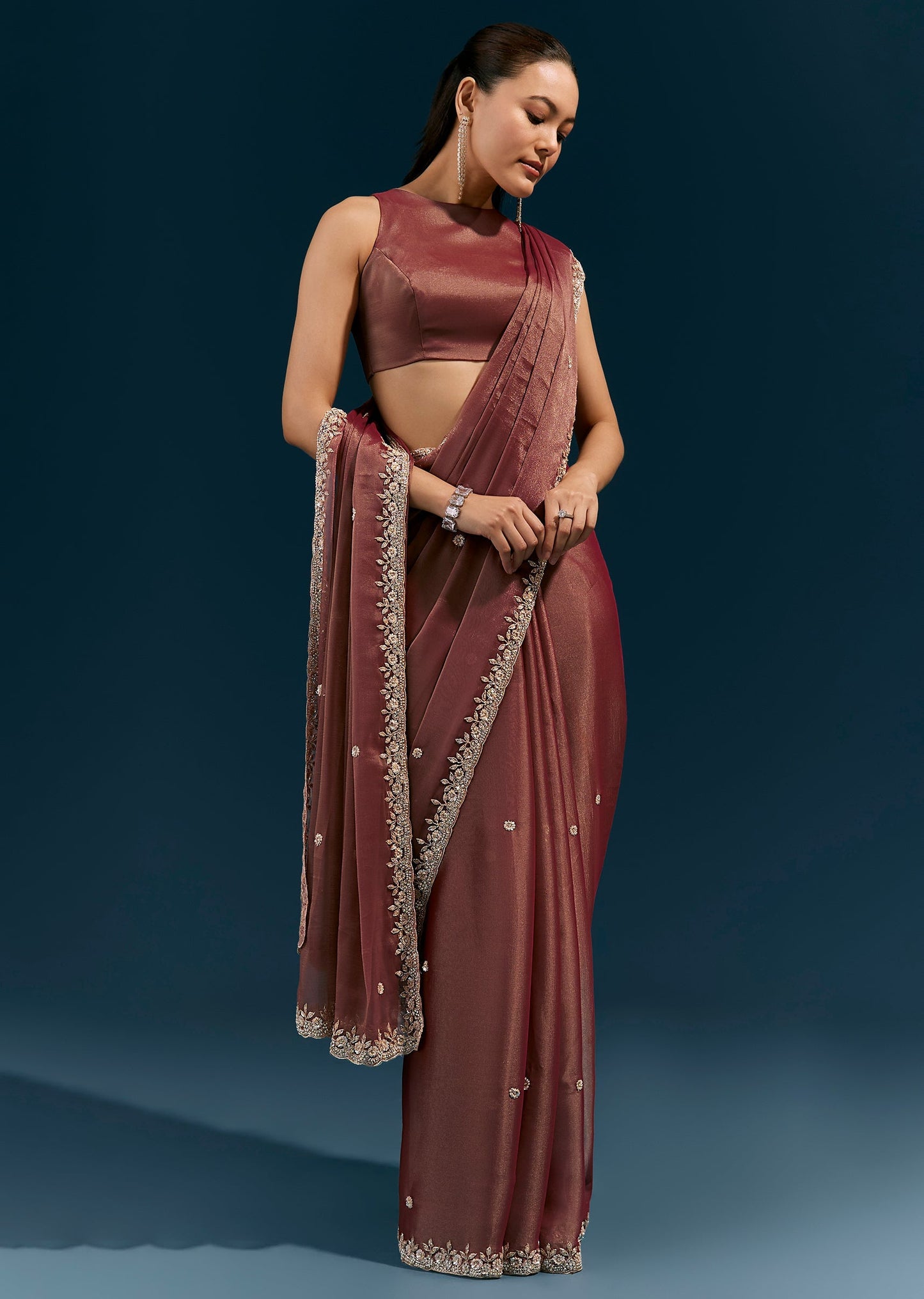 Brown Tissue Saree With Floral Embroidered Border And Delicate Butti Work