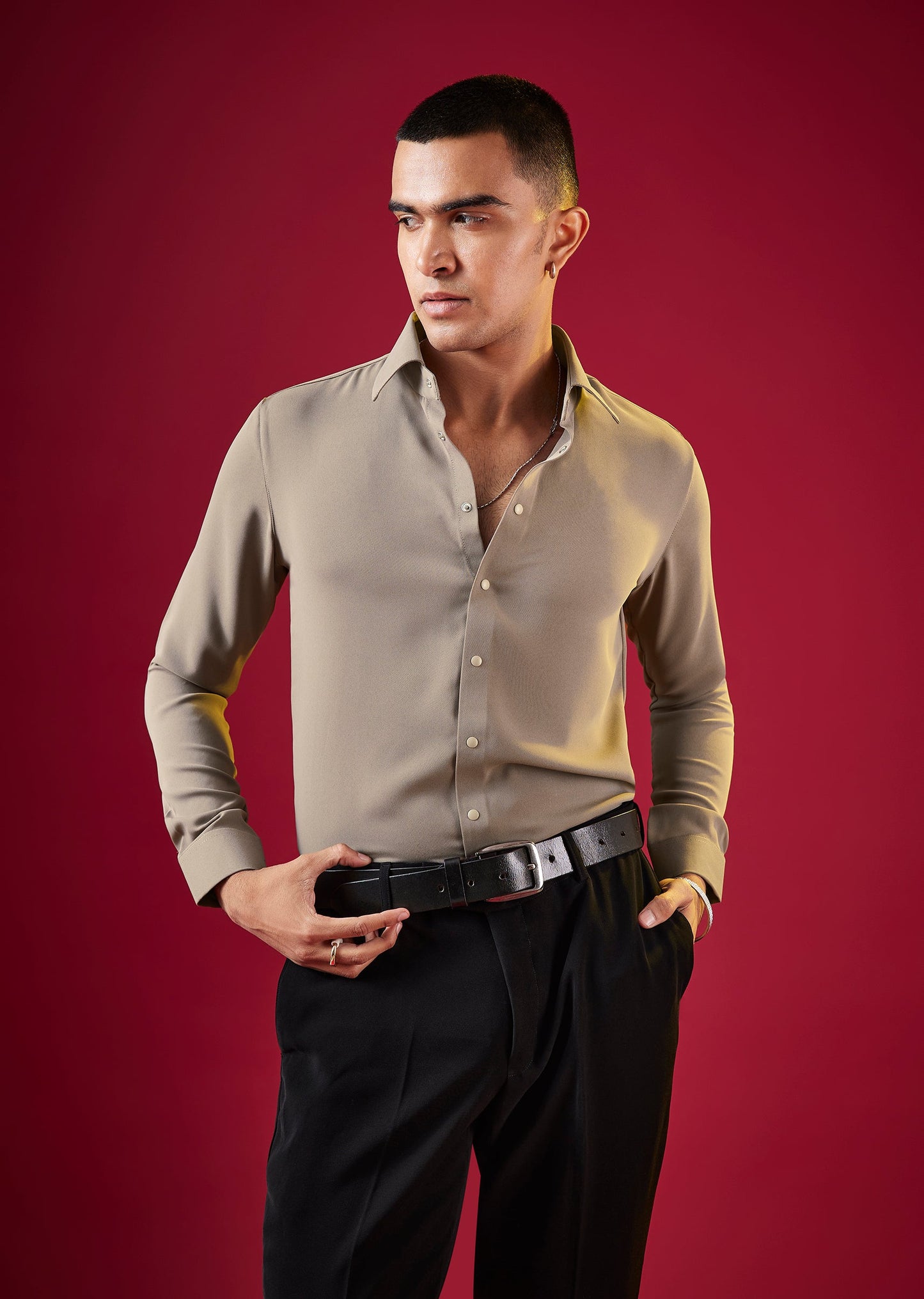 Brown Viscose Button Front Mens Solid Shirt