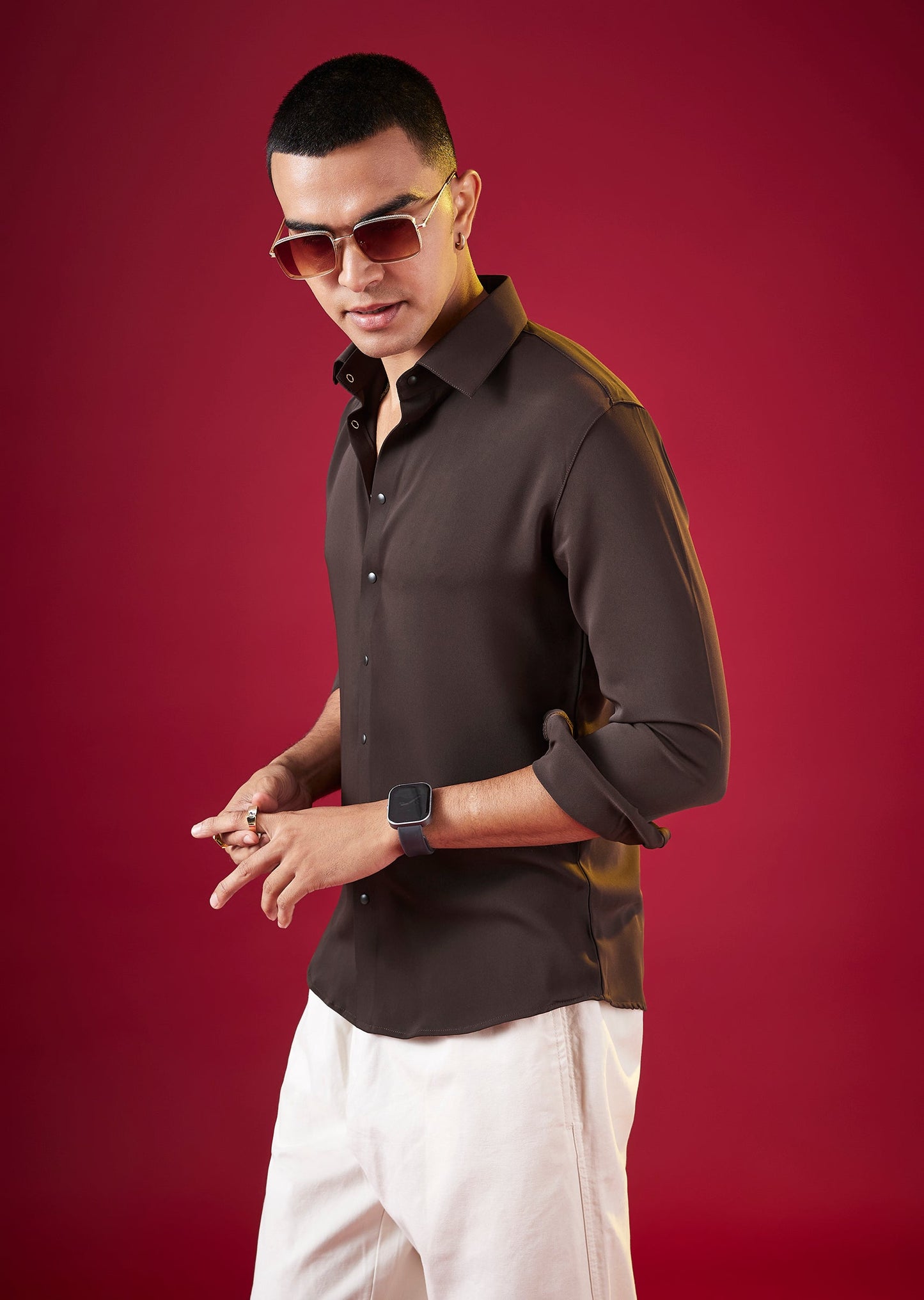 Brown Viscose Mandarin Collar Solid Mens Shirt