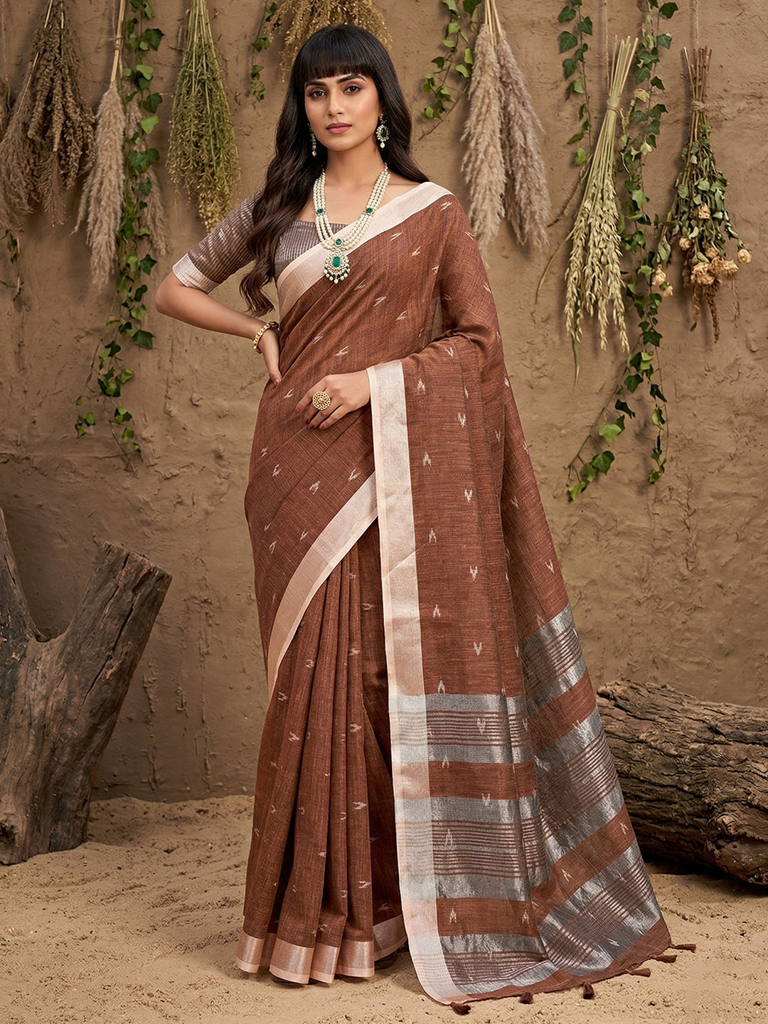 Anaita Brown Linen Cotton Zari Work Saree With Blouse