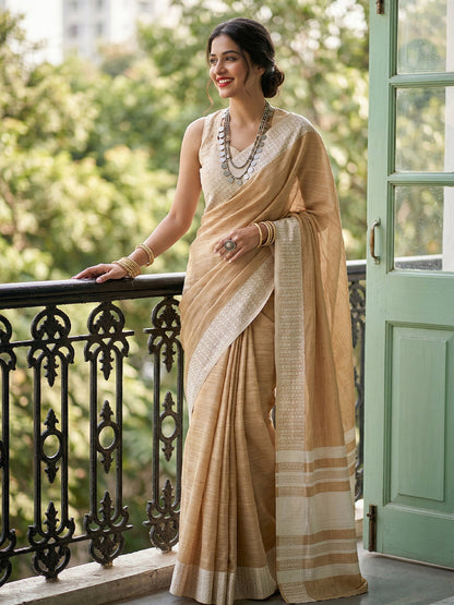 Anaita Brown Linen Zari Work Saree With Blouse