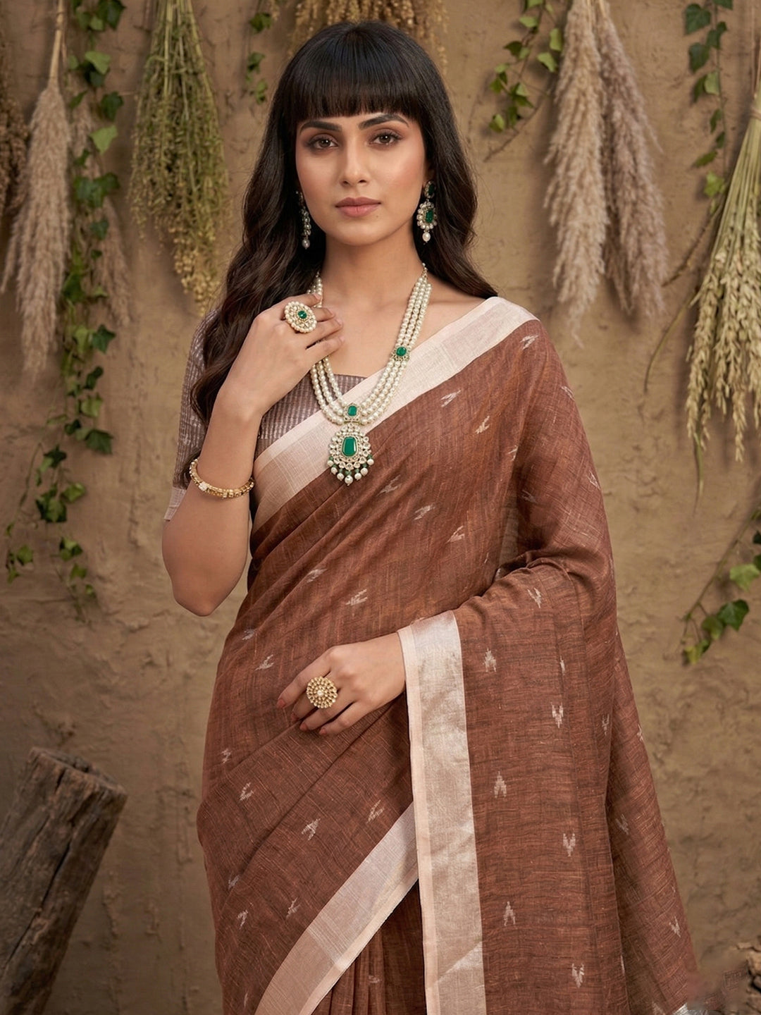 Anaita Brown Linen Cotton Zari Work Saree With Blouse