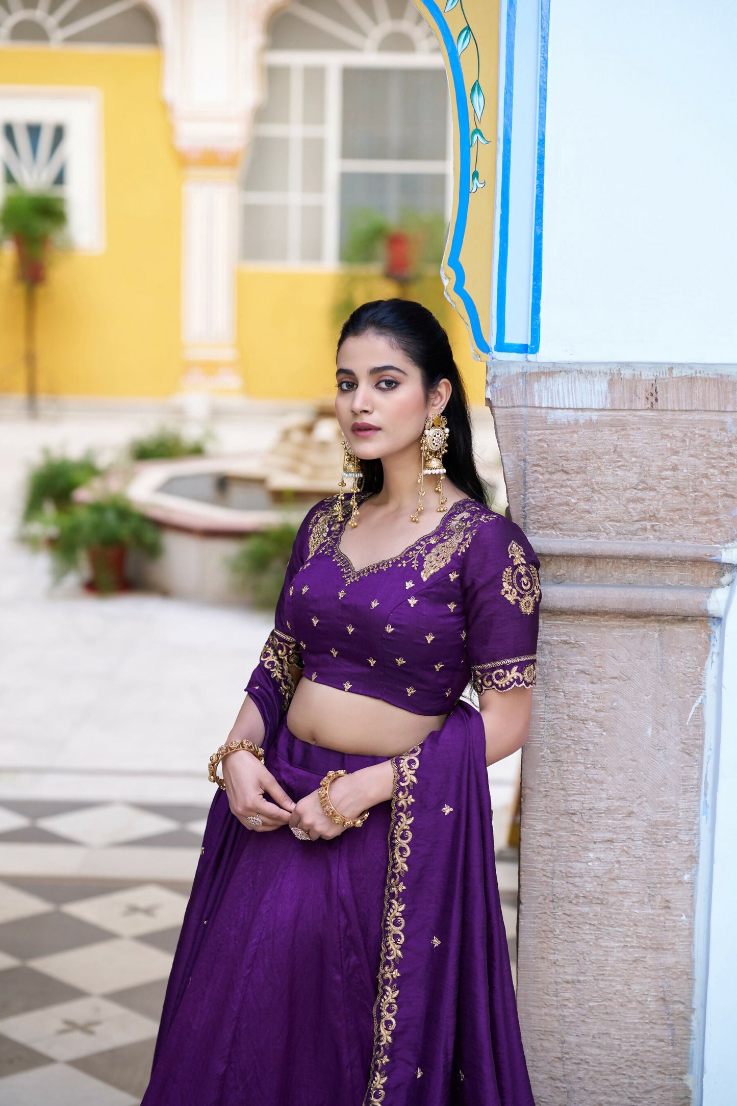Lorenvalley Fashion Purple NC Silk Plain Lehenga Embroidery Work Choli with Dupatta