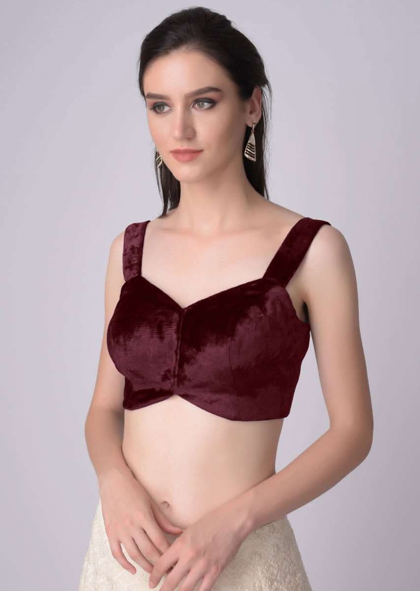 Burgundy Blouse In Velvet With Sweetheart Neckline And Cuved Hem