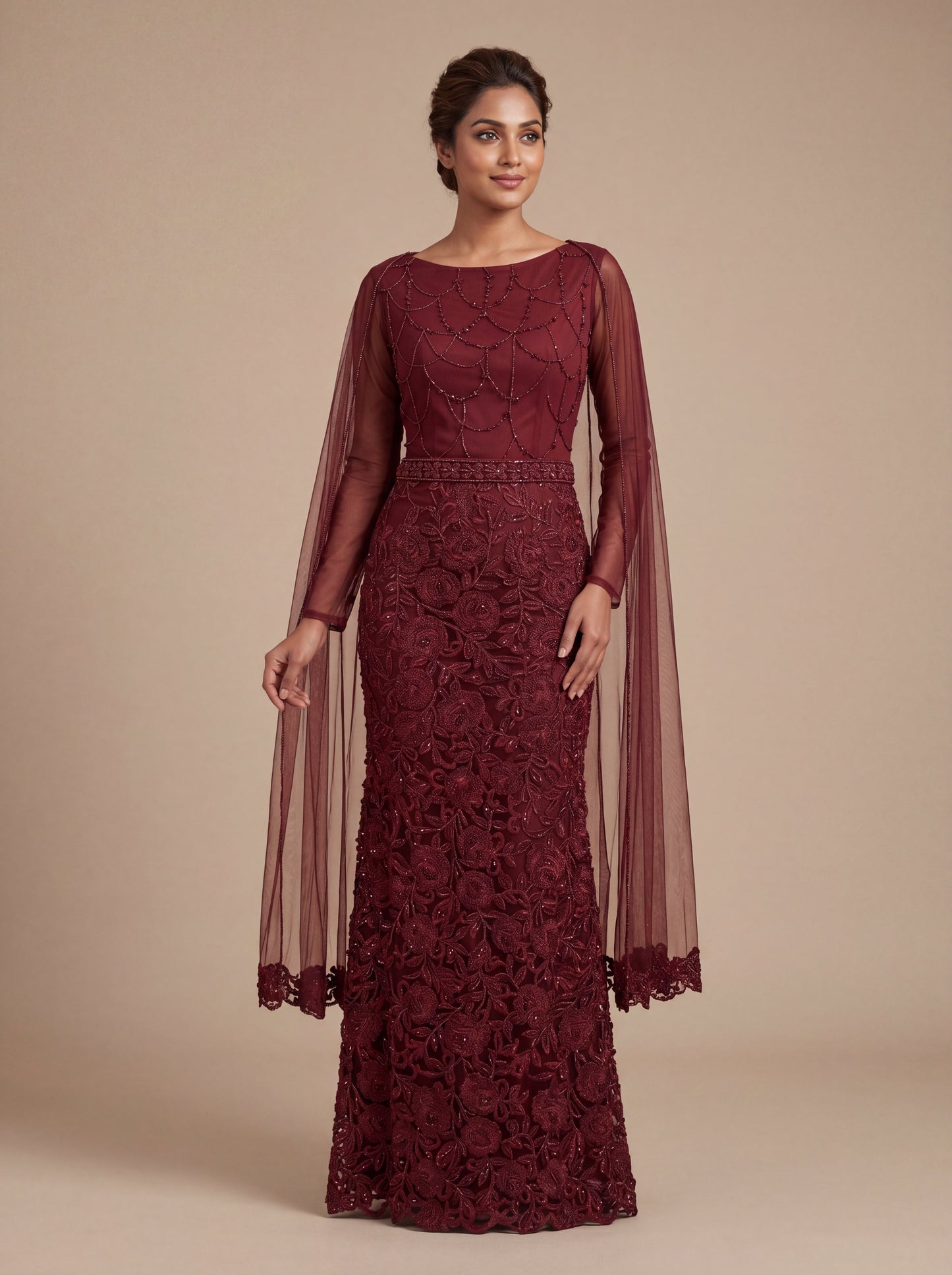 Burgundy Contemporary Bridal Gown With Sheer Sleeve Fitted Flare