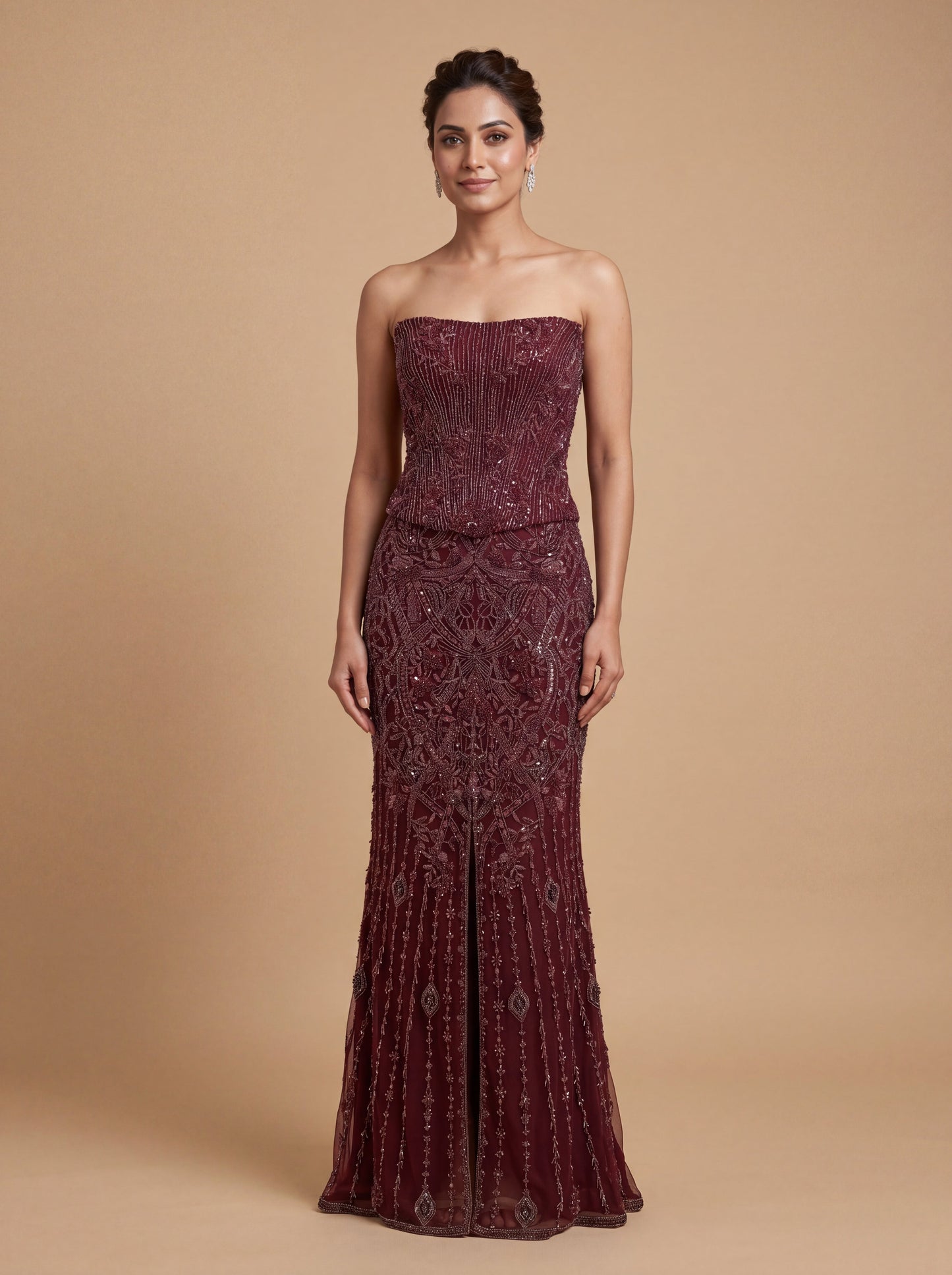 Burgundy Contemporary Gown With Embellished Bodice Sleek Fit