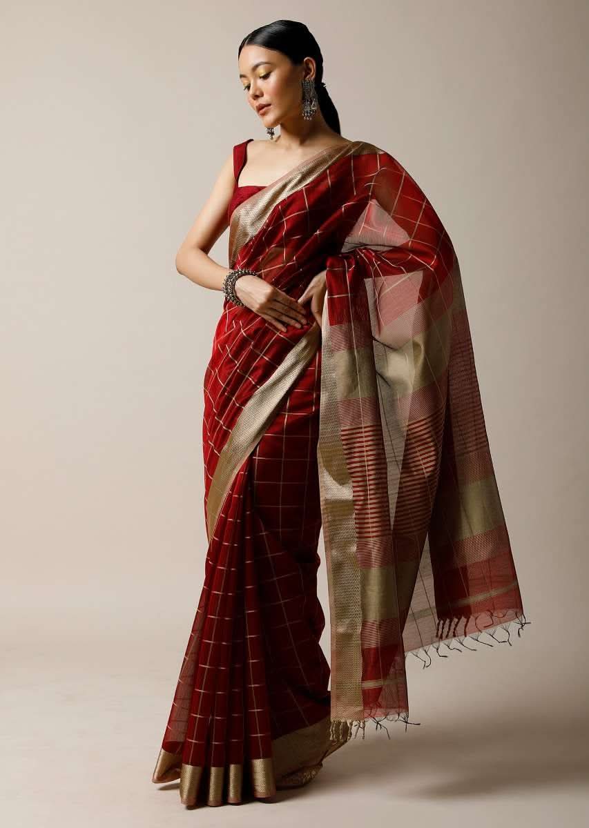 Burgundy Red Saree In Cotton Silk With Woven Checks And Golden Border Along With Unstitched Blouse